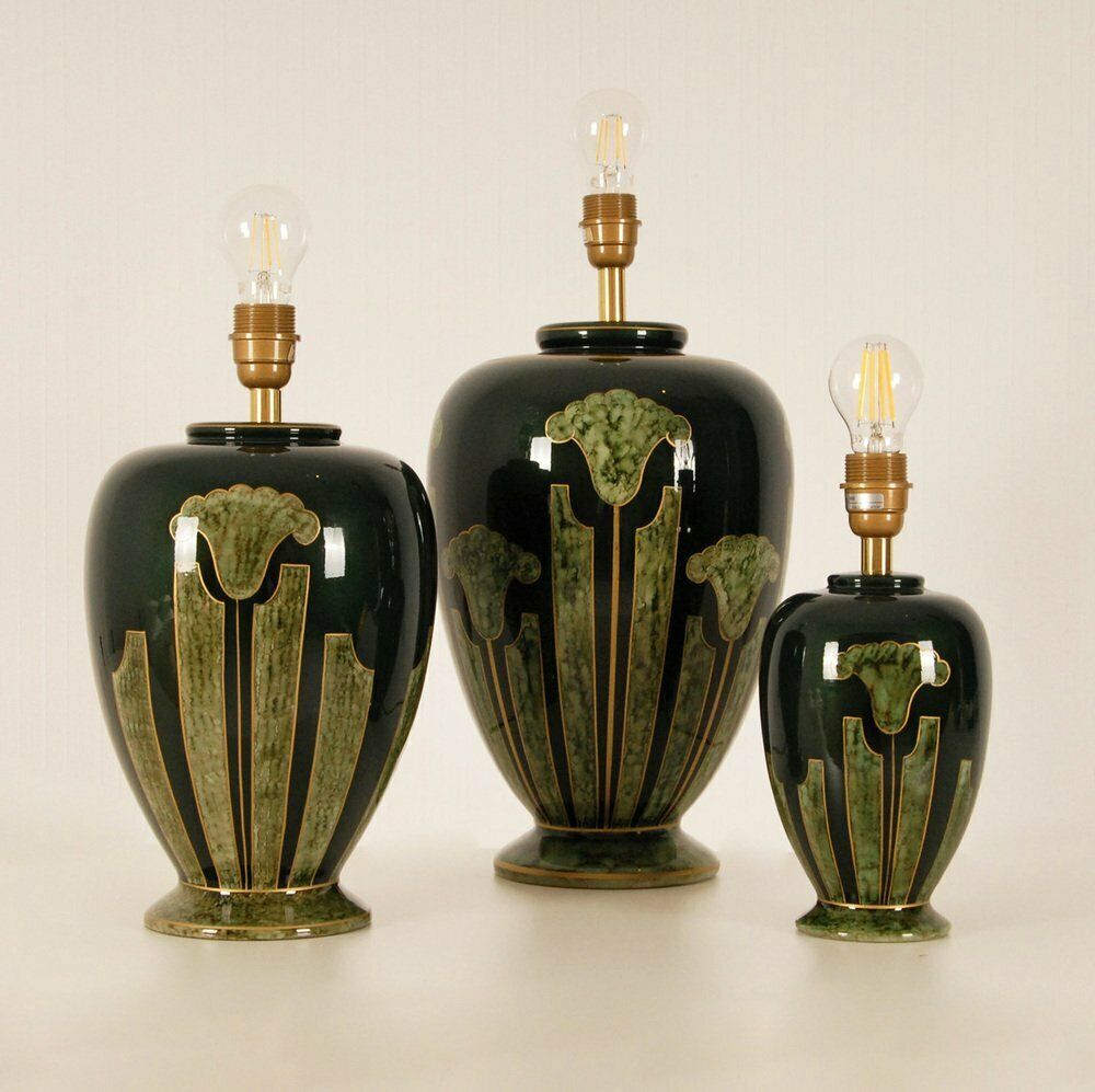Vintage French Gold & Green Ceramic Marble Vase Lamp In Porcelain, 1970s, Set Of 3 photo vinterior