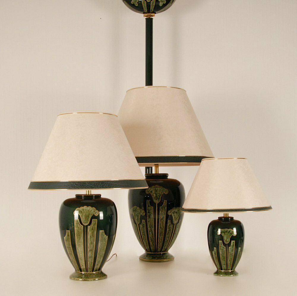 1550.0 Vintage French Gold & Green Ceramic Marble Vase Lamp In Porcelain, 1970s, Set Of 3 photo