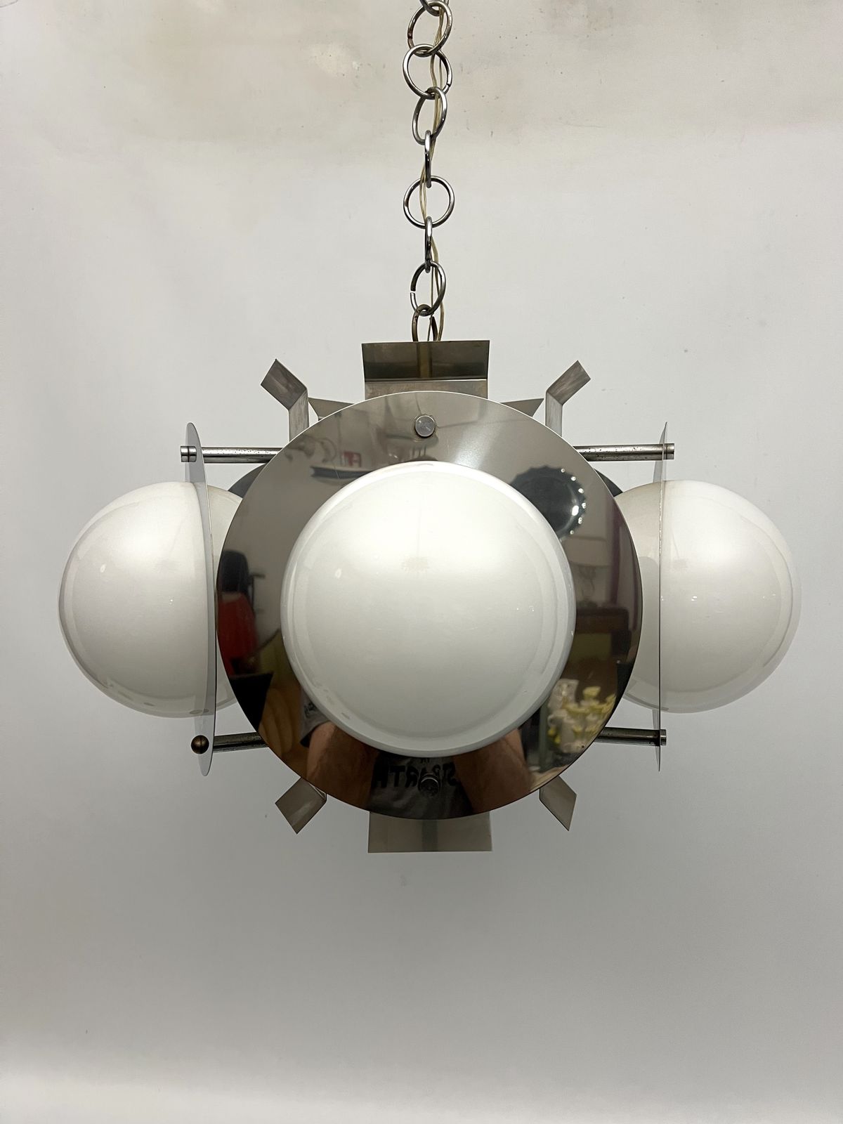 Space Age Five Lights Chandelier In Chrome And White Glass. Italy 1970s photo for sale