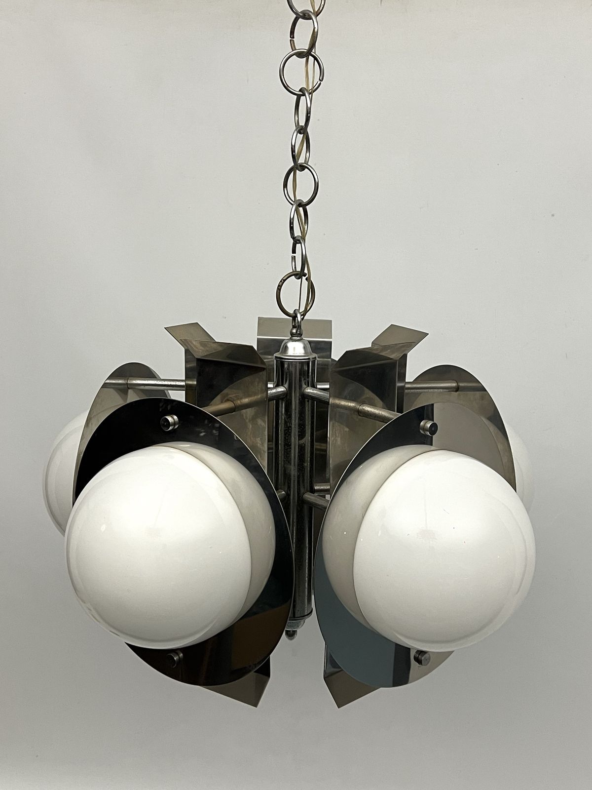 Space Age Five Lights Chandelier In Chrome And White Glass. Italy 1970s