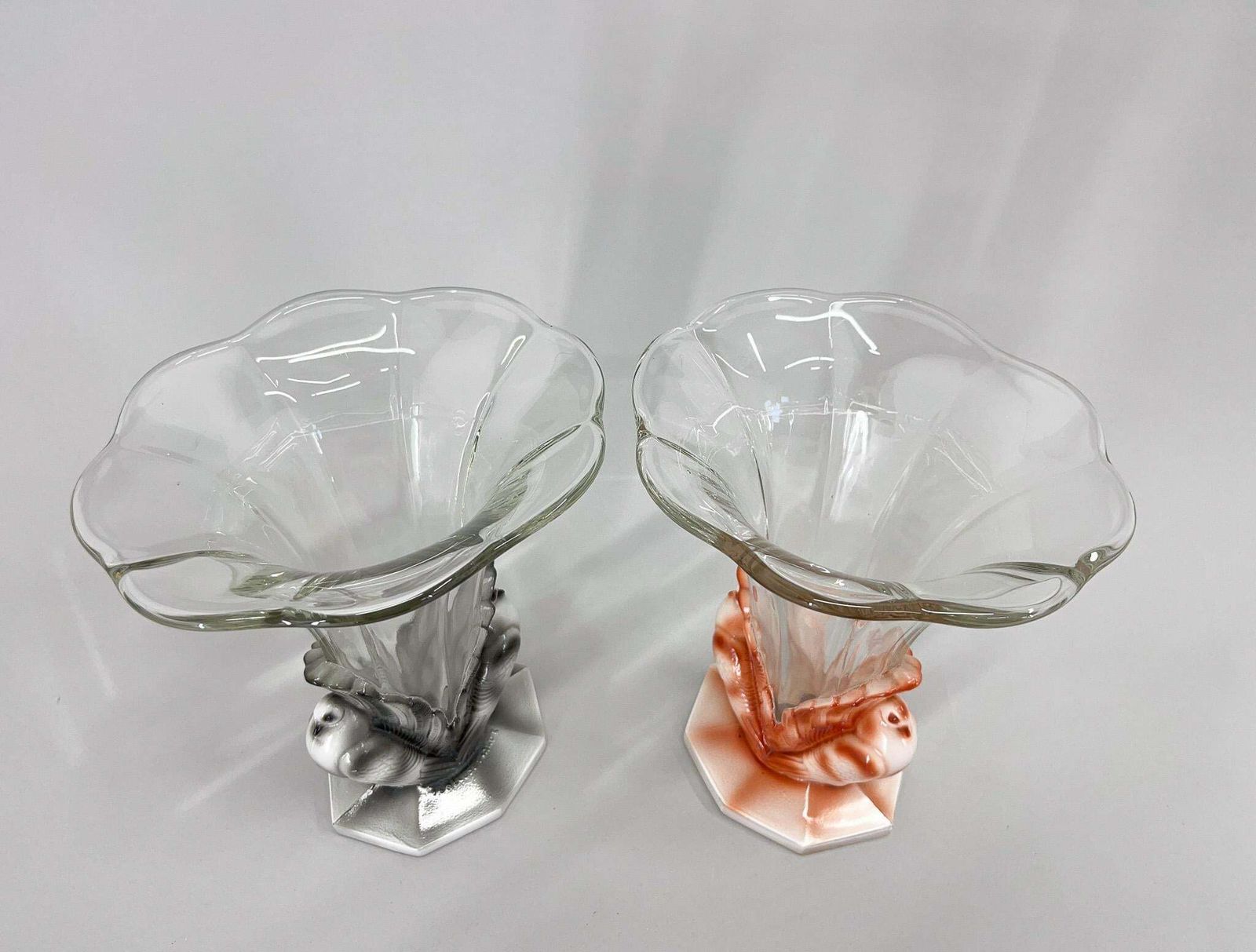 Set Of Two Art Deco Dove Birds Glass Vases By Josef Feigl, 1930s photo vinterior