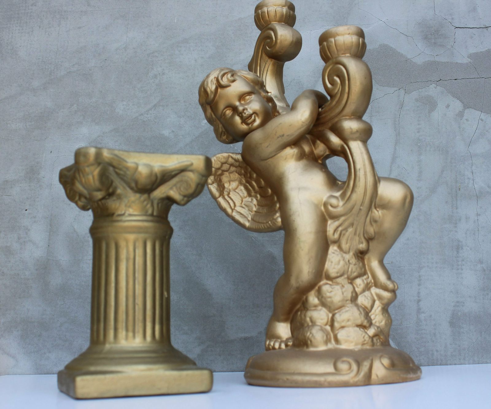 Golden French Cherub Candlestick Baroque Fireplace Accent, A Stunning Gypsum Cherub Christmas Decoration photo furniture