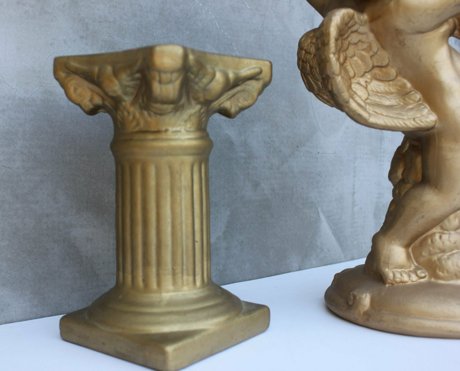 Golden French Cherub Candlestick Baroque Fireplace Accent, A Stunning Gypsum Cherub Christmas Decoration photo vinterior