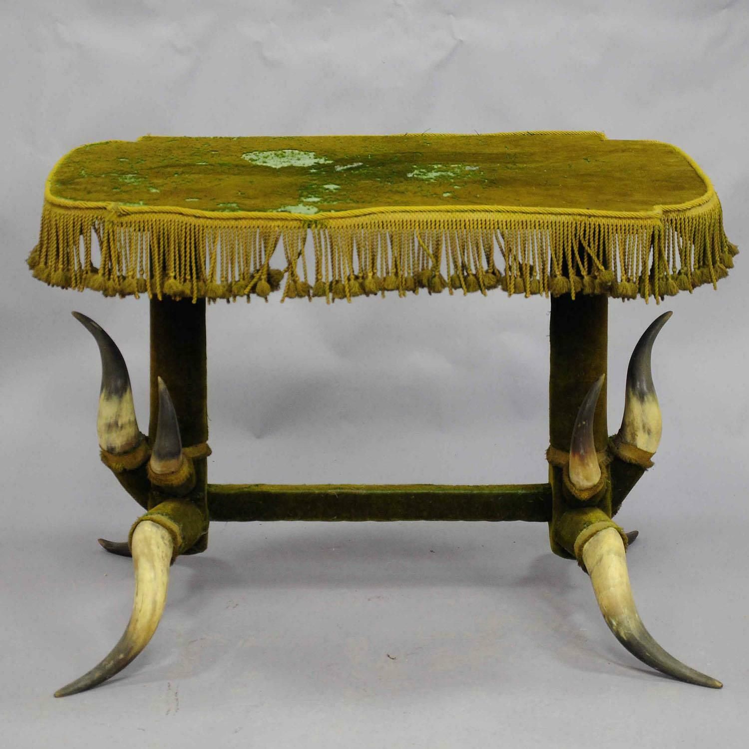 Antique Bull Horn Table With Green Velvet Ca. 1870 photo for sale