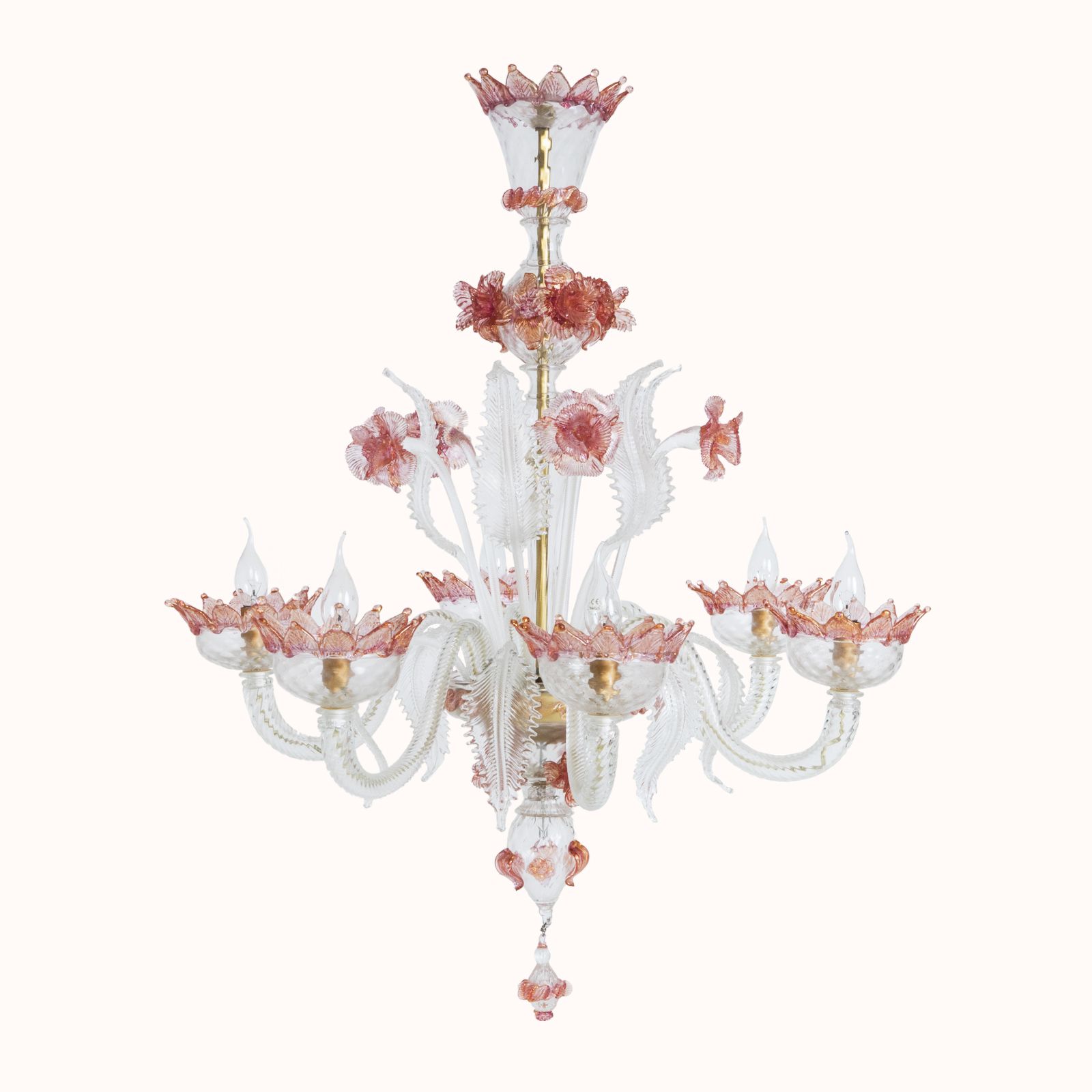 Vintage Venetian Murano Glas Kroonluchter Met 6 Lichten In Wit En Roze