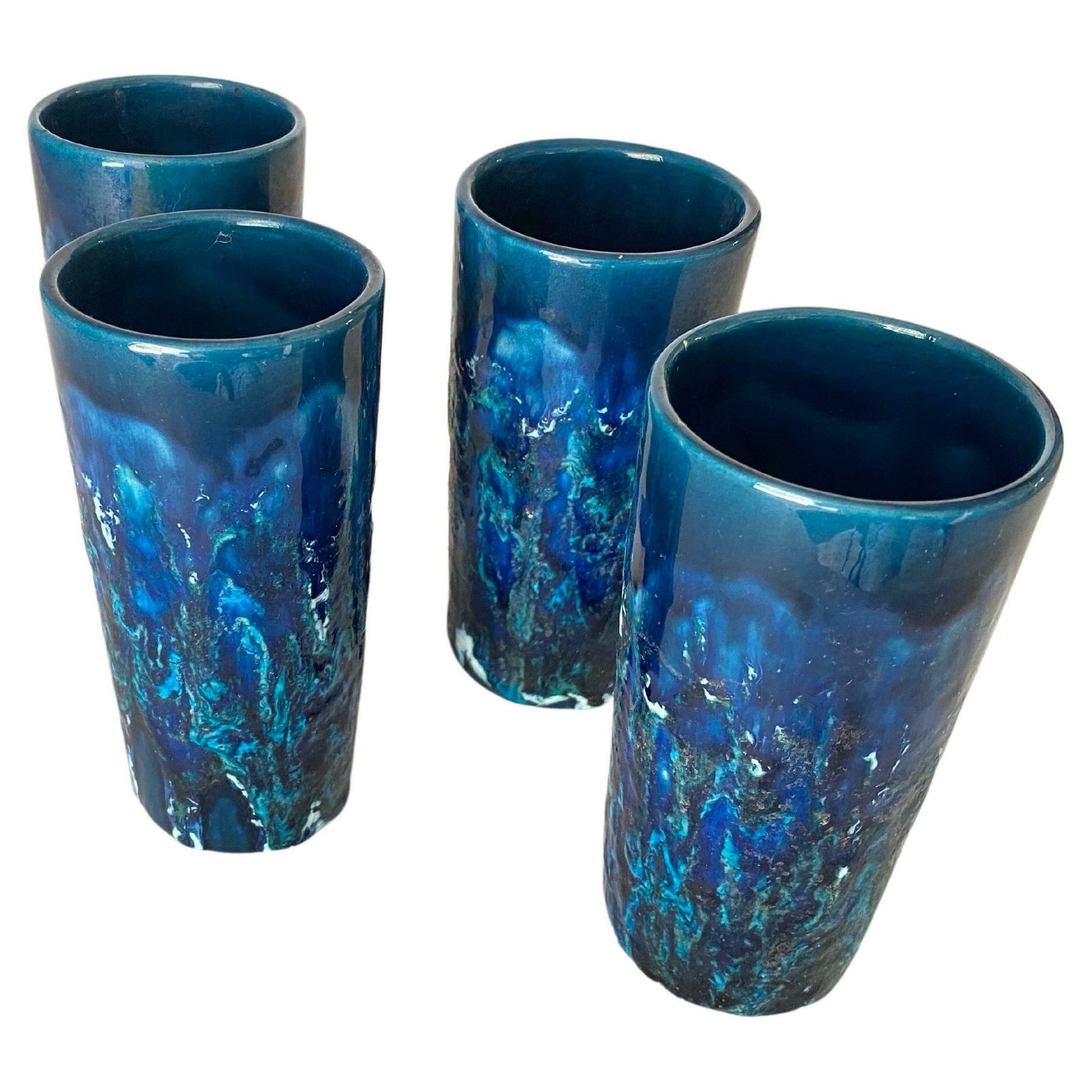 Set Of 4 Glasses In Ceramic Blue Color Italy 1960 Bistosi Style