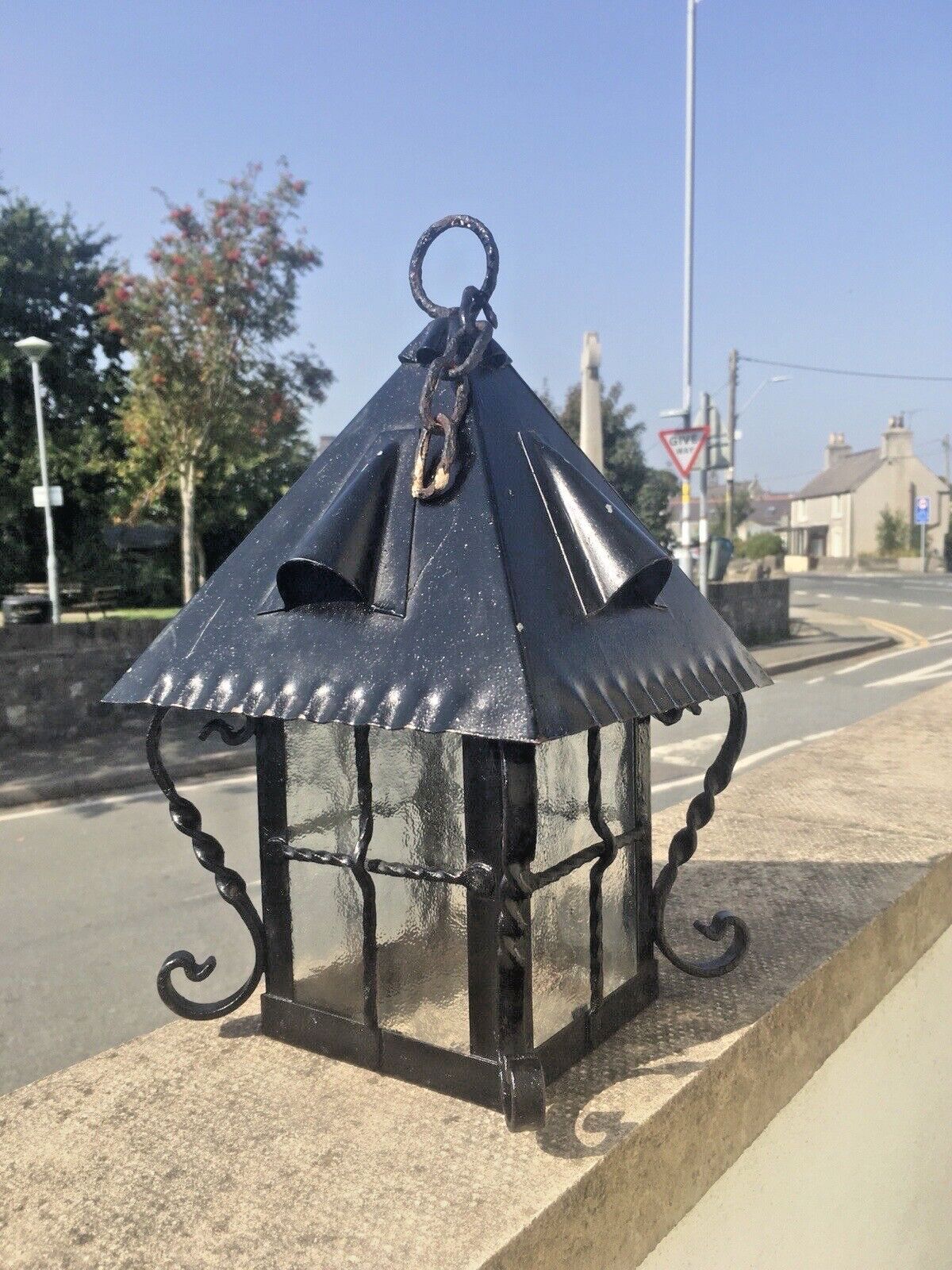 Antique Arts & Crafts Wrought Iron Glass Lantern Porch Lamp Light Art Nouveau photo 220.0