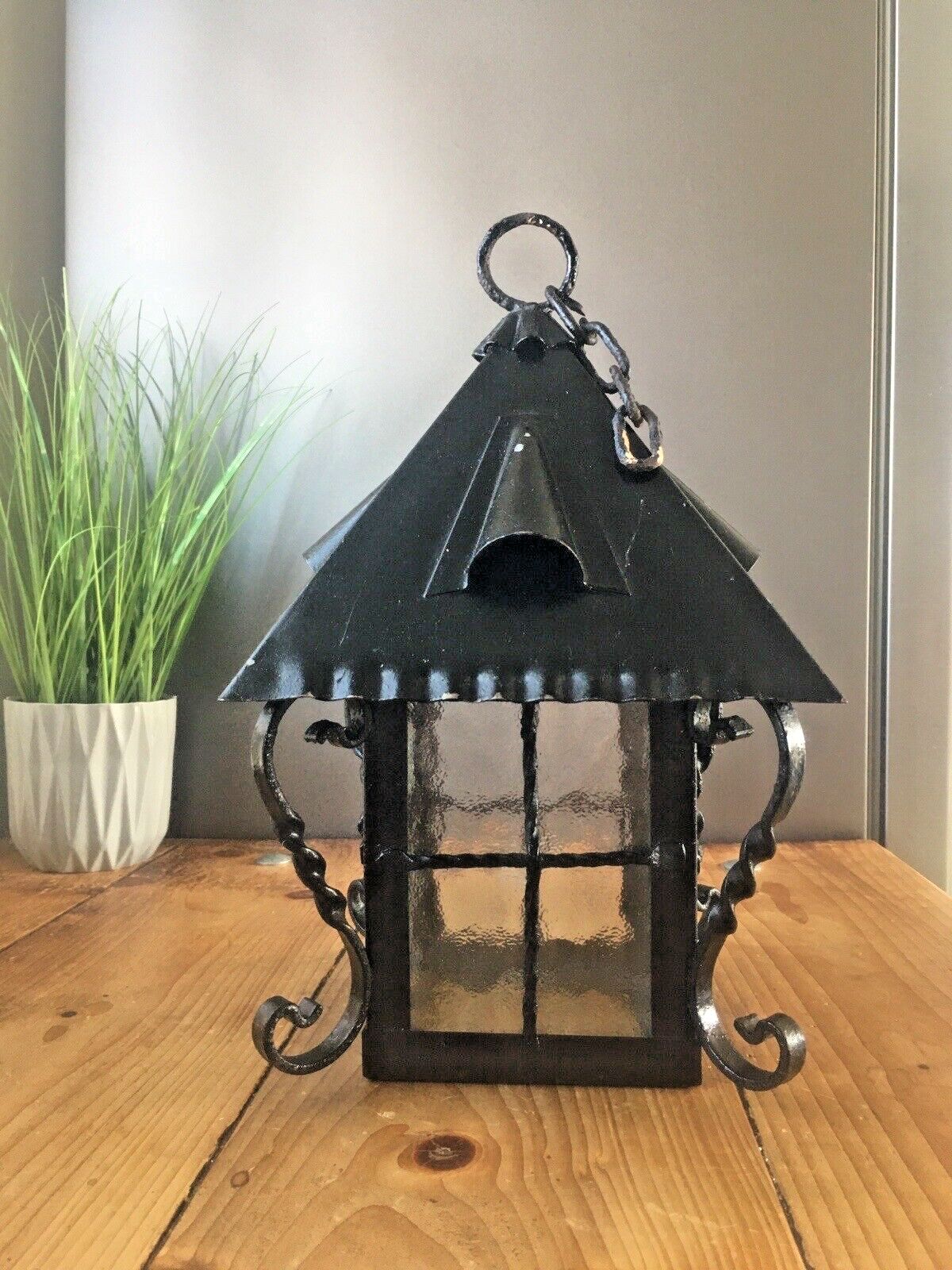 220.0 Antique Arts & Crafts Wrought Iron Glass Lantern Porch Lamp Light Art Nouveau photo
