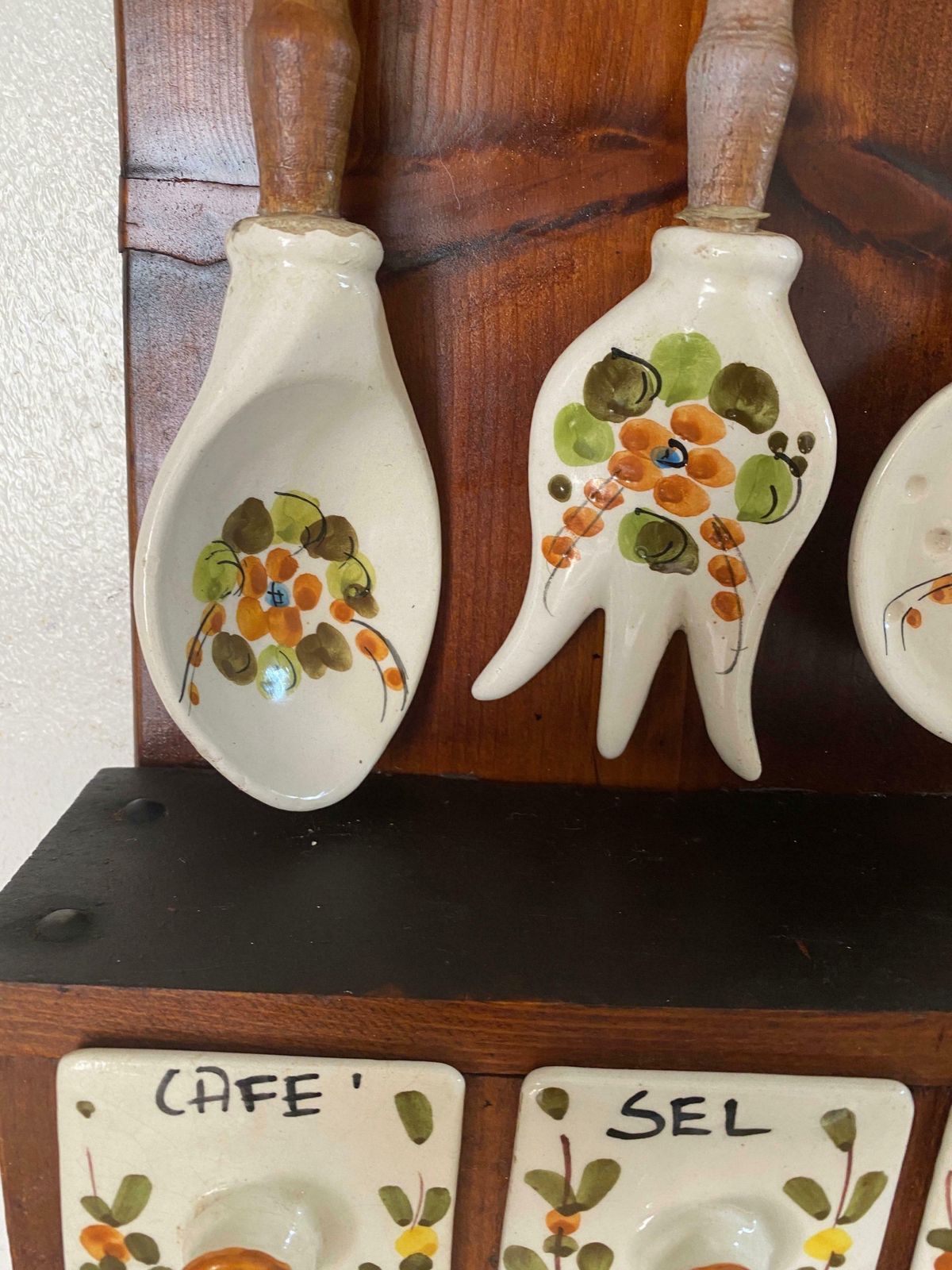 photo for sale Salt Sugar And Coffee Boxes Kitchen Wall Set In Ceramic And Wood France 1960