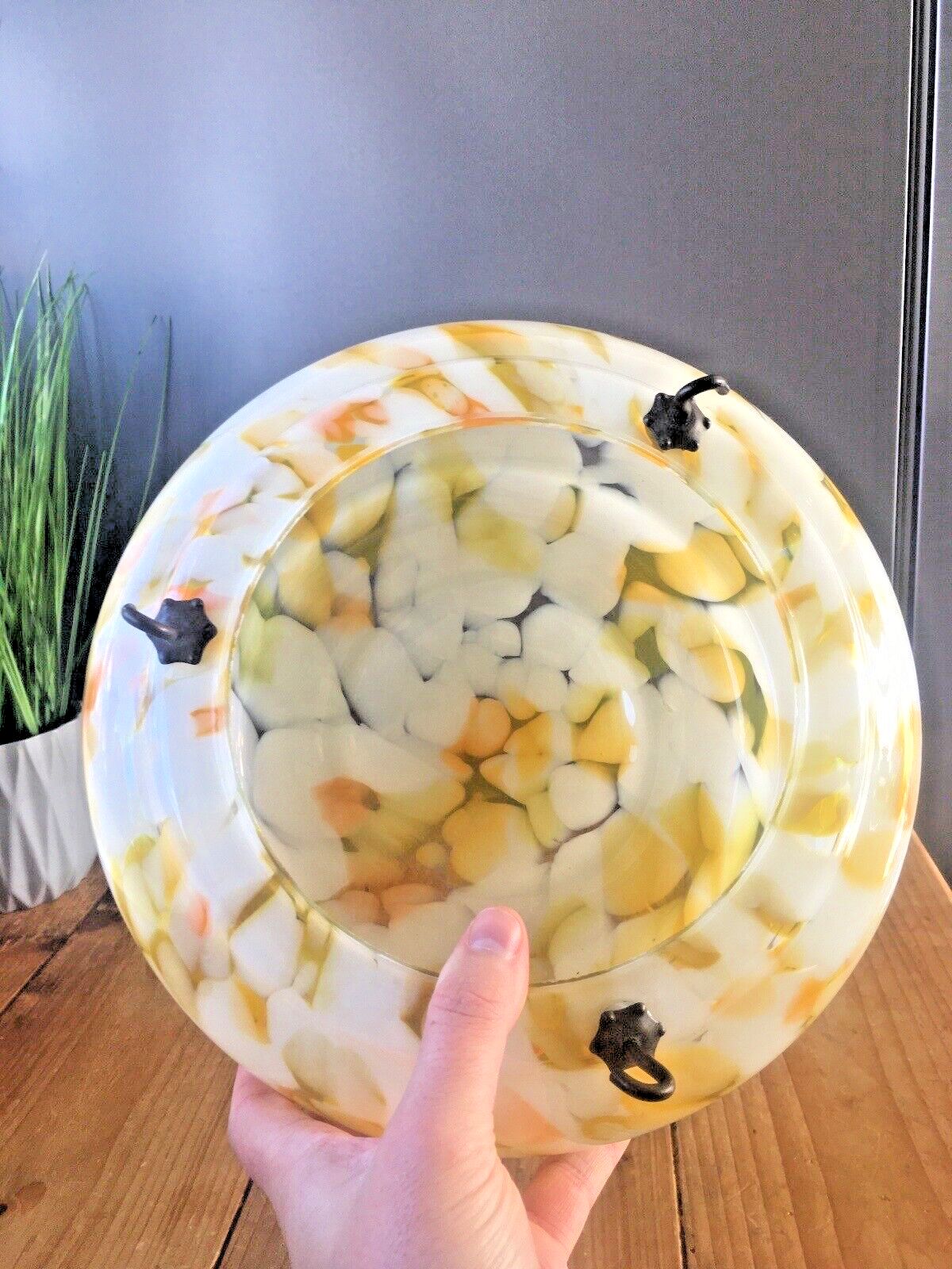 Art Deco 30's Marbled Orange Amber Splatter Glass Ceiling Flycatcher Light Shade photo vintage