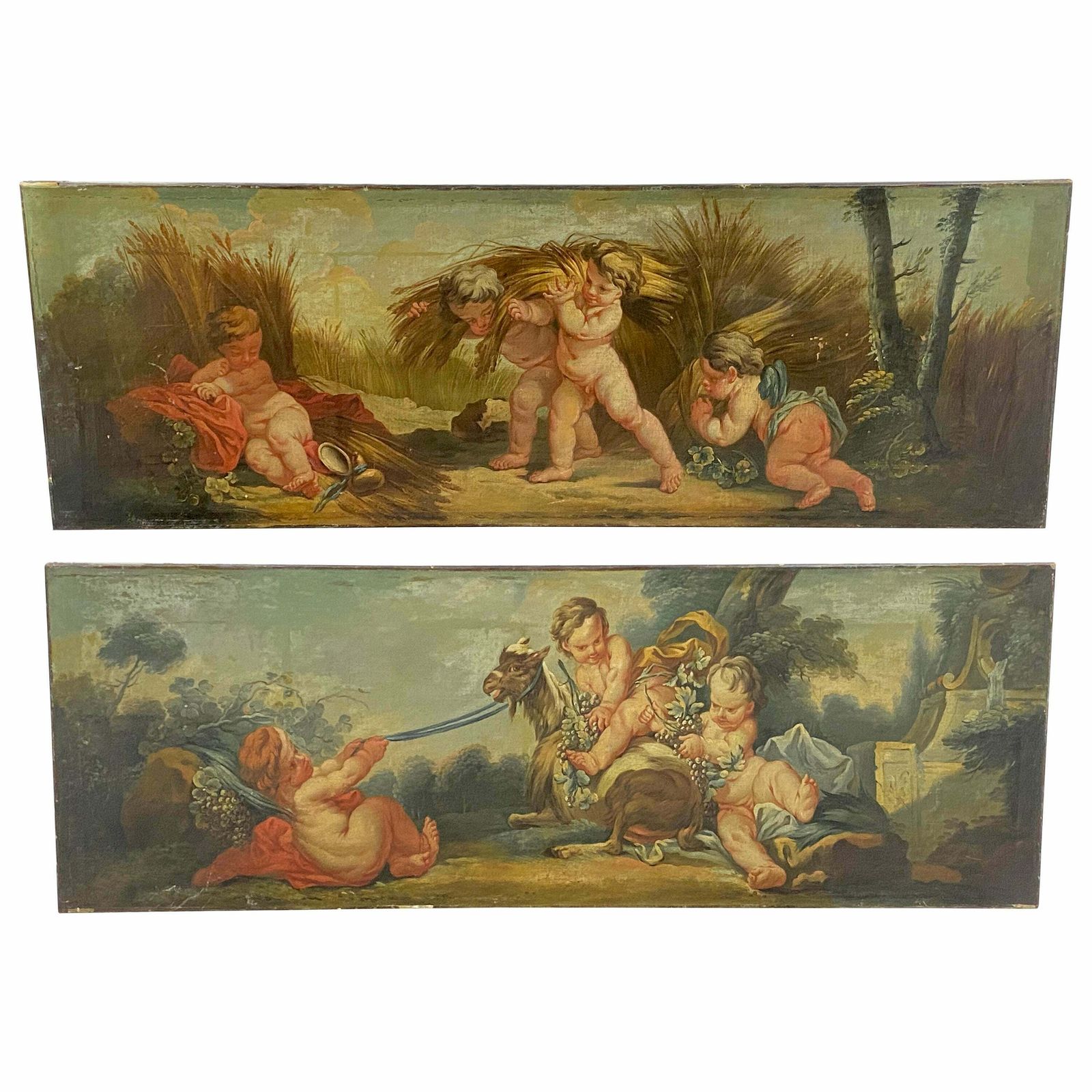 Antique French Pair Of Large Oils On Canvas Painting Of Cherubs 18eme Century