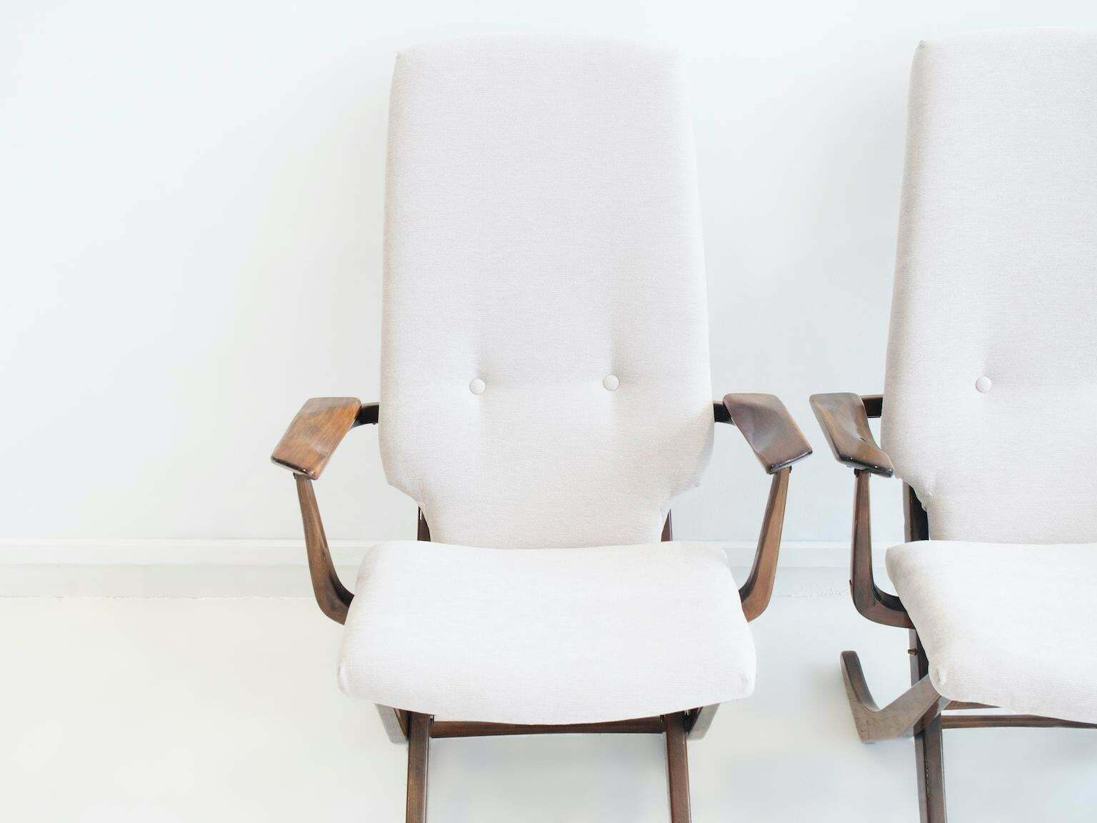 Pair Of Light Fabric Upholstered Recliner Chairs Of Varnished Wood $3,146.33per Set photo for sale