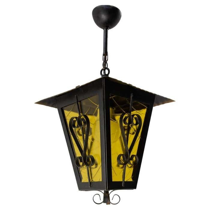 Iron And Glass Lustre Ceiling Lamp French Lantern, Circa 1960