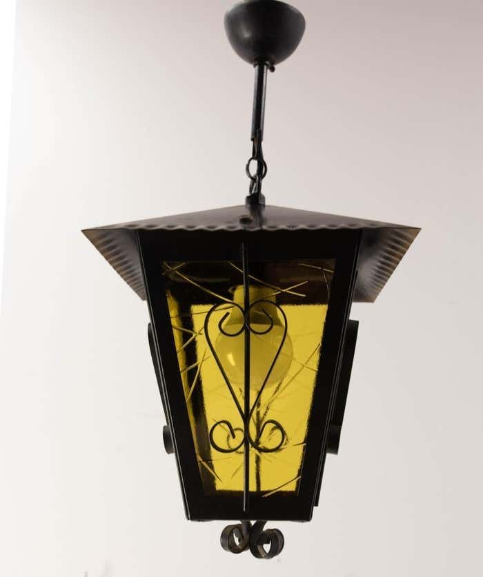 Iron And Glass Lustre Ceiling Lamp French Lantern, Circa 1960 photo for sale