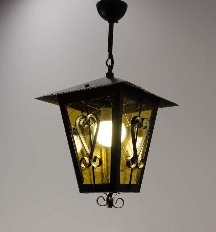 Iron And Glass Lustre Ceiling Lamp French Lantern, Circa 1960 photo Lighting