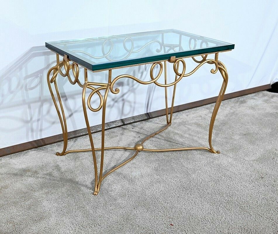 Small Table In Golden Wrought Iron And Glass, Drouet Spirit, 1970