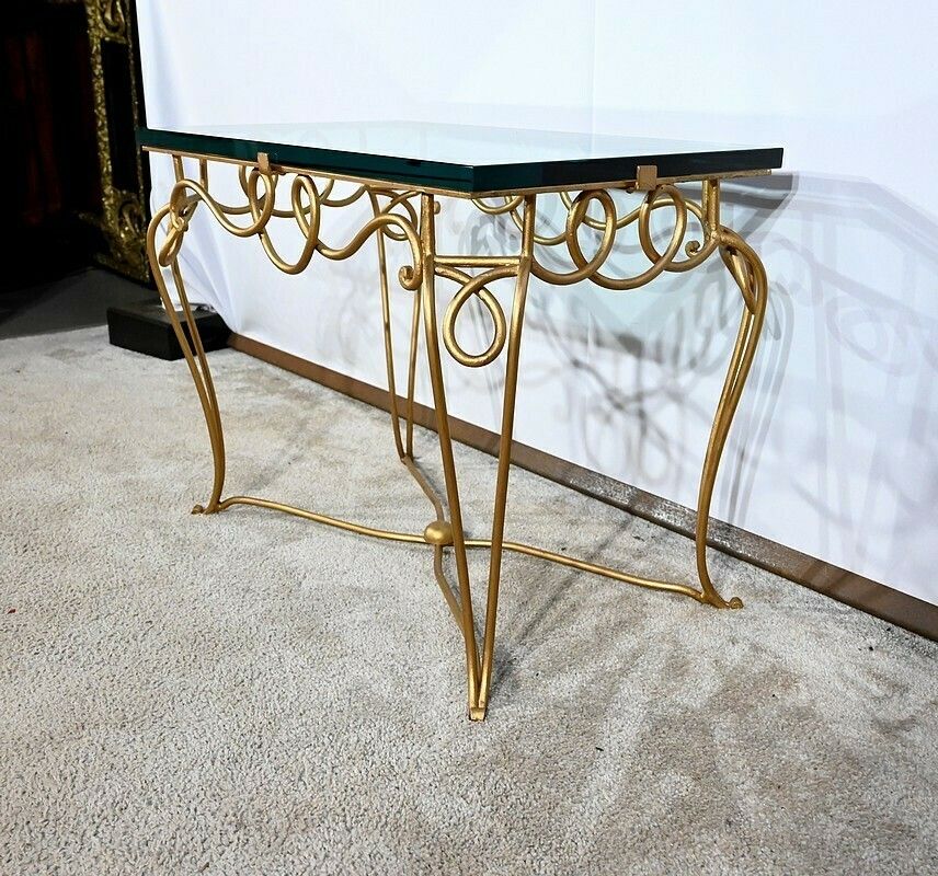 1329.03225843 Small Table In Golden Wrought Iron And Glass, Drouet Spirit, 1970 photo