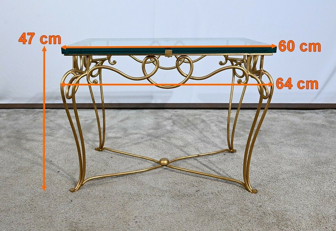 photo vintage Small Table In Golden Wrought Iron And Glass, Drouet Spirit, 1970