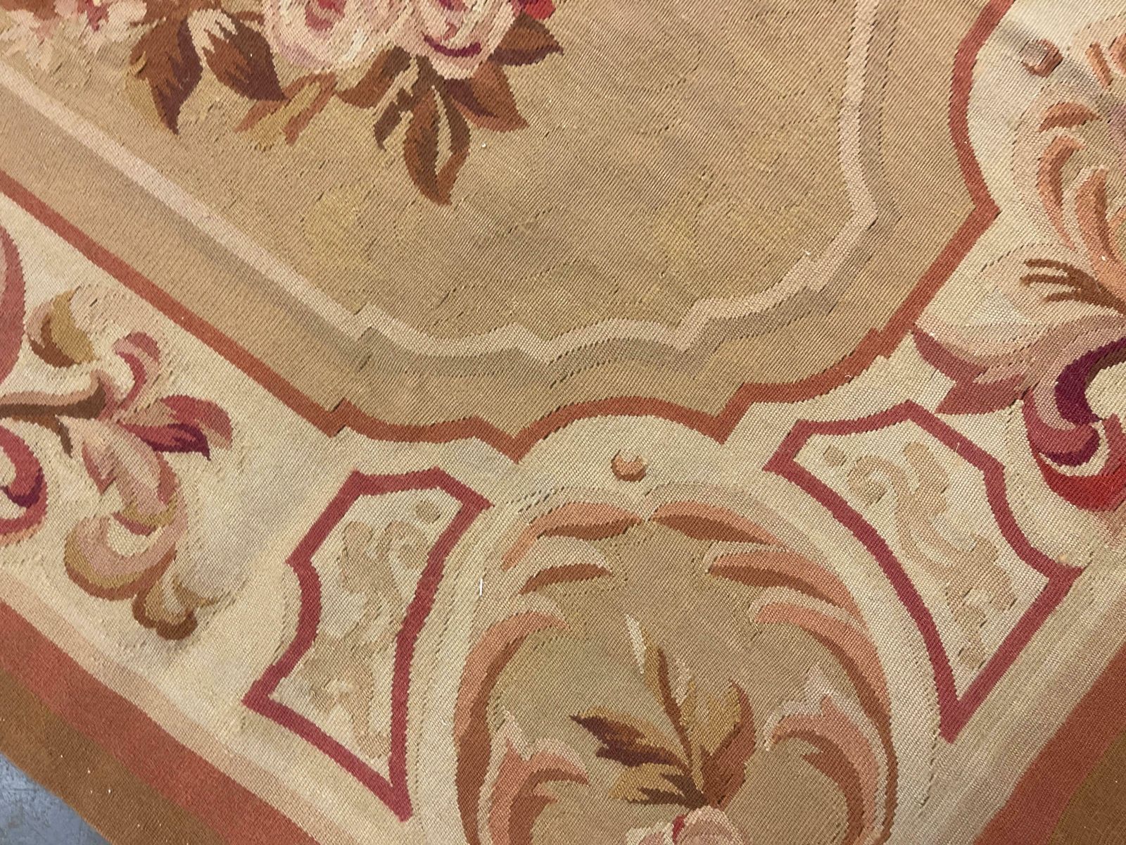 Traditional Carpet Aubusson Rug Golden Brown Handwoven Wool Needlepoint Rug Sale photo for sale