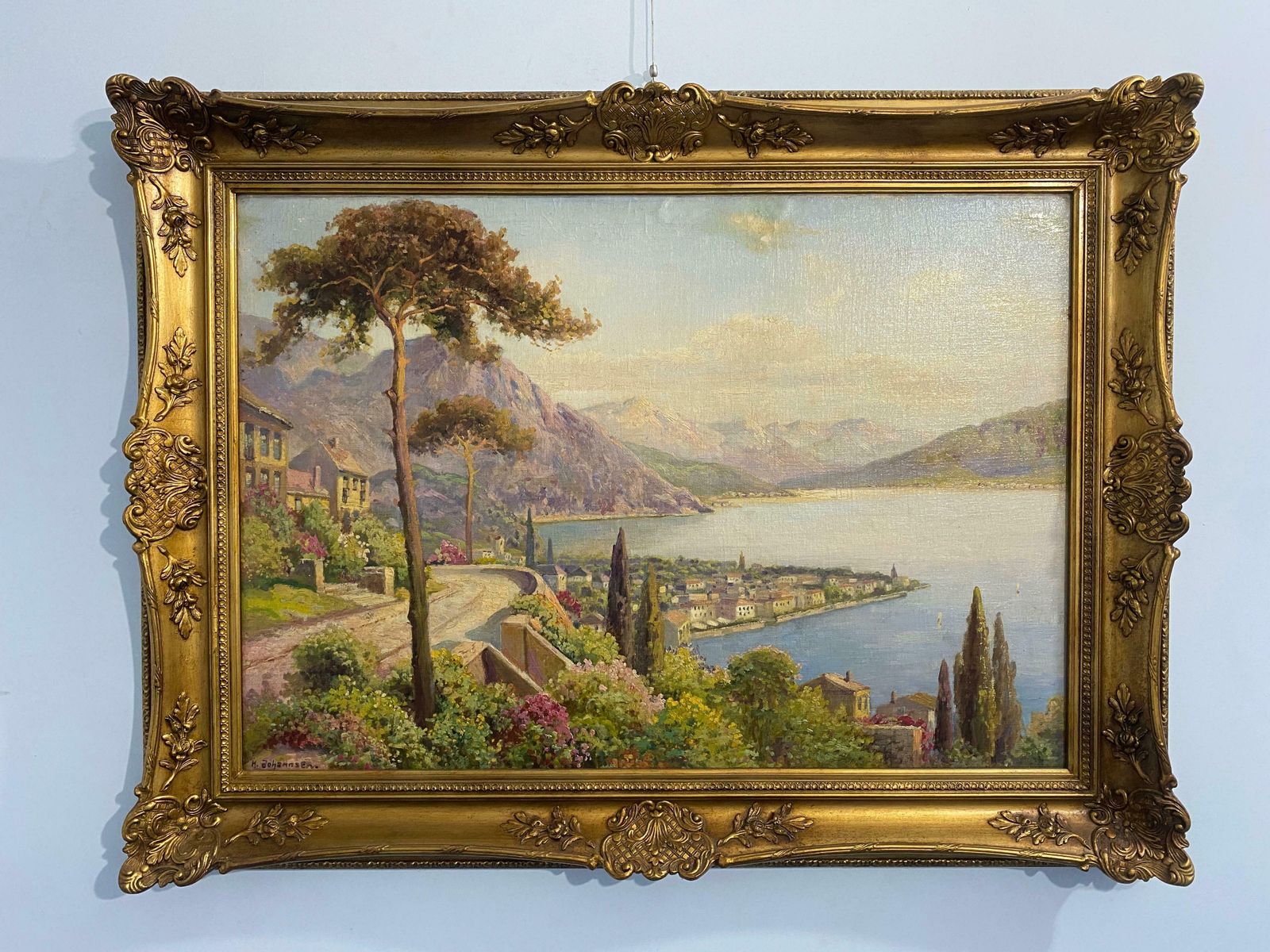 Antique Oil Painting "Landscape With Lake" Signed, H Johahnsen photo furniture