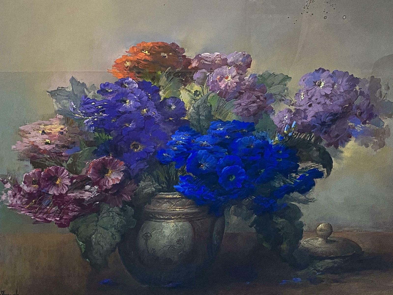 photo furniture Pastel Painting "Vase With Flowers" Signed Jaak Van Den Seylbergh Belgium, 1950