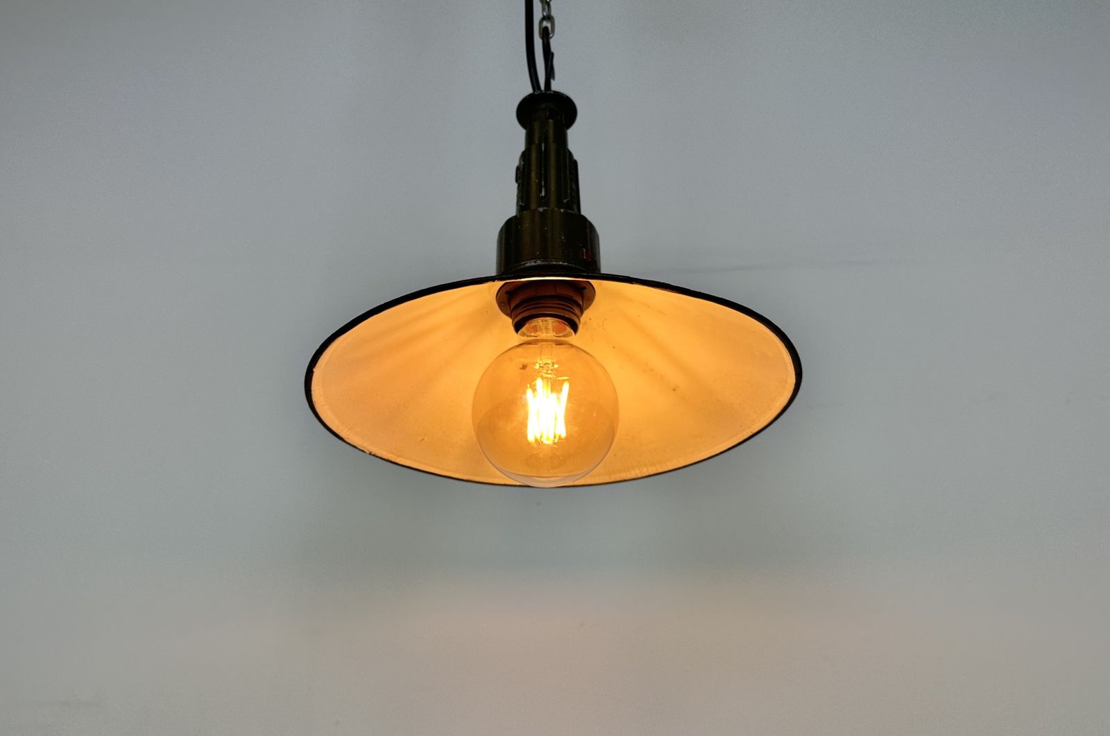 photo for sale Industrial Green Enamel Military Pendant Lamp With Cast Aluminium Top, 1960s, 2x