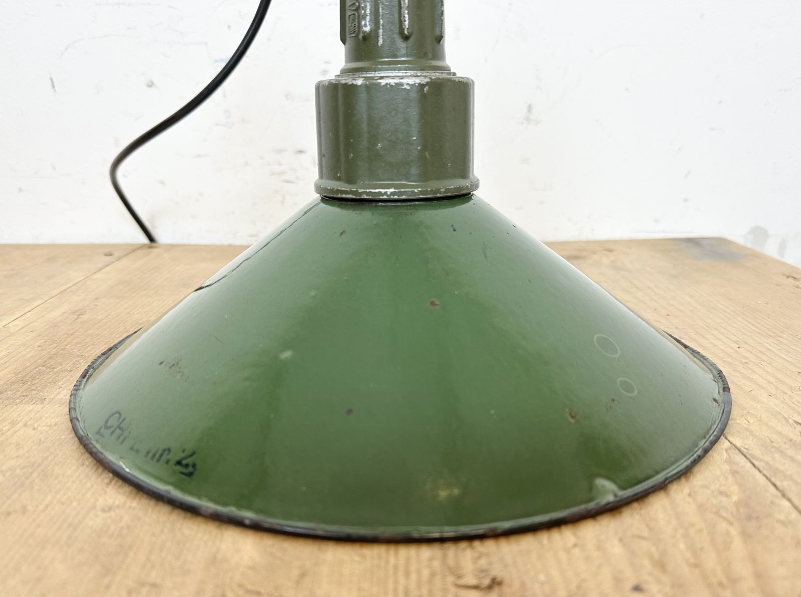 Lighting Industrial Green Enamel Military Pendant Lamp With Cast Aluminium Top, 1960s, 2x photo