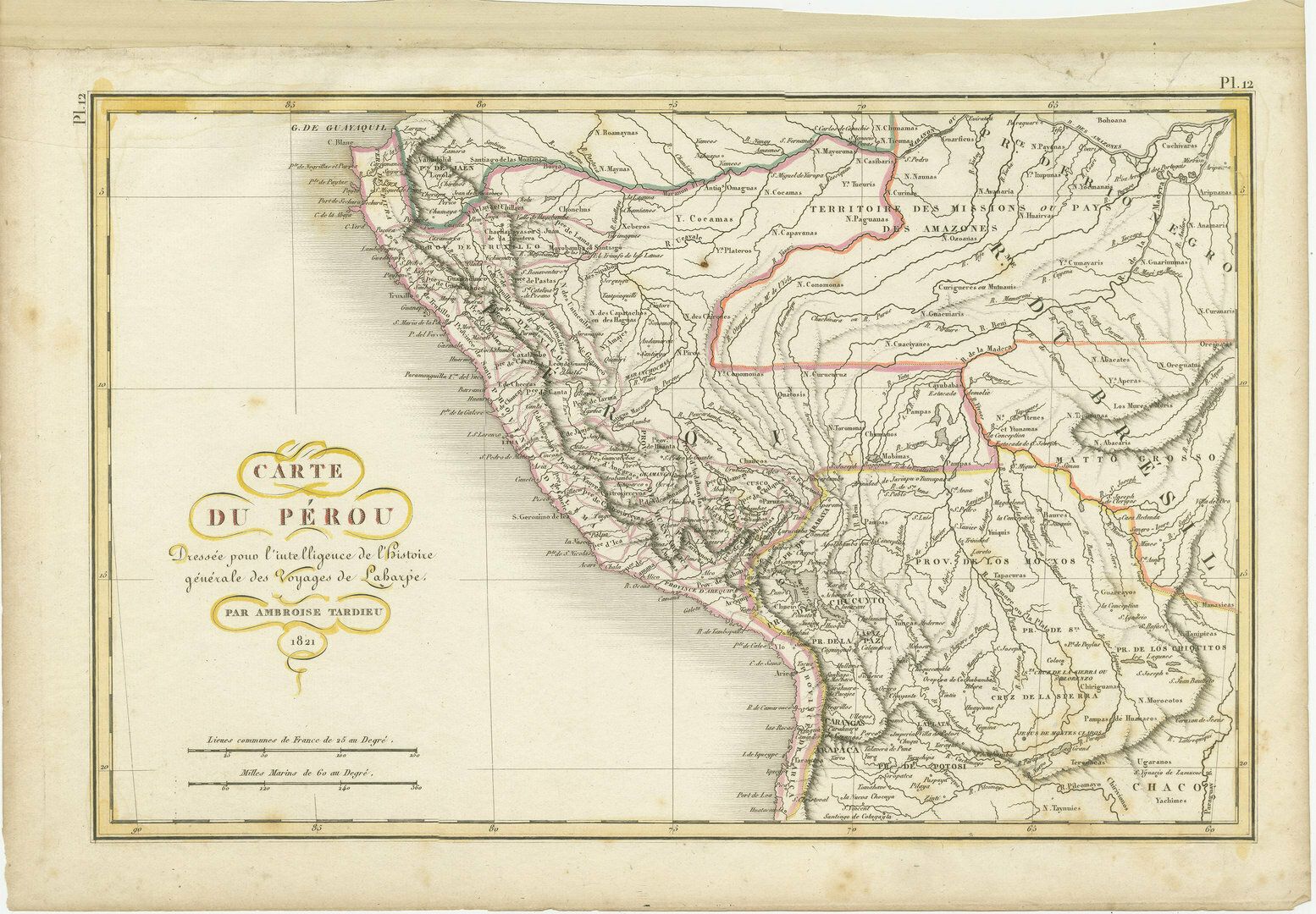 Original Antique Map Of Peru With Regions Outlined In Color
