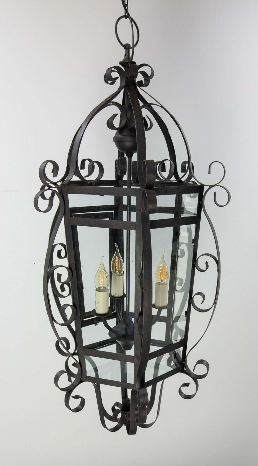 French Ceiling Lamp Wrought Iron And Glass Pendant Lustre, Circa 1960 photo Lighting