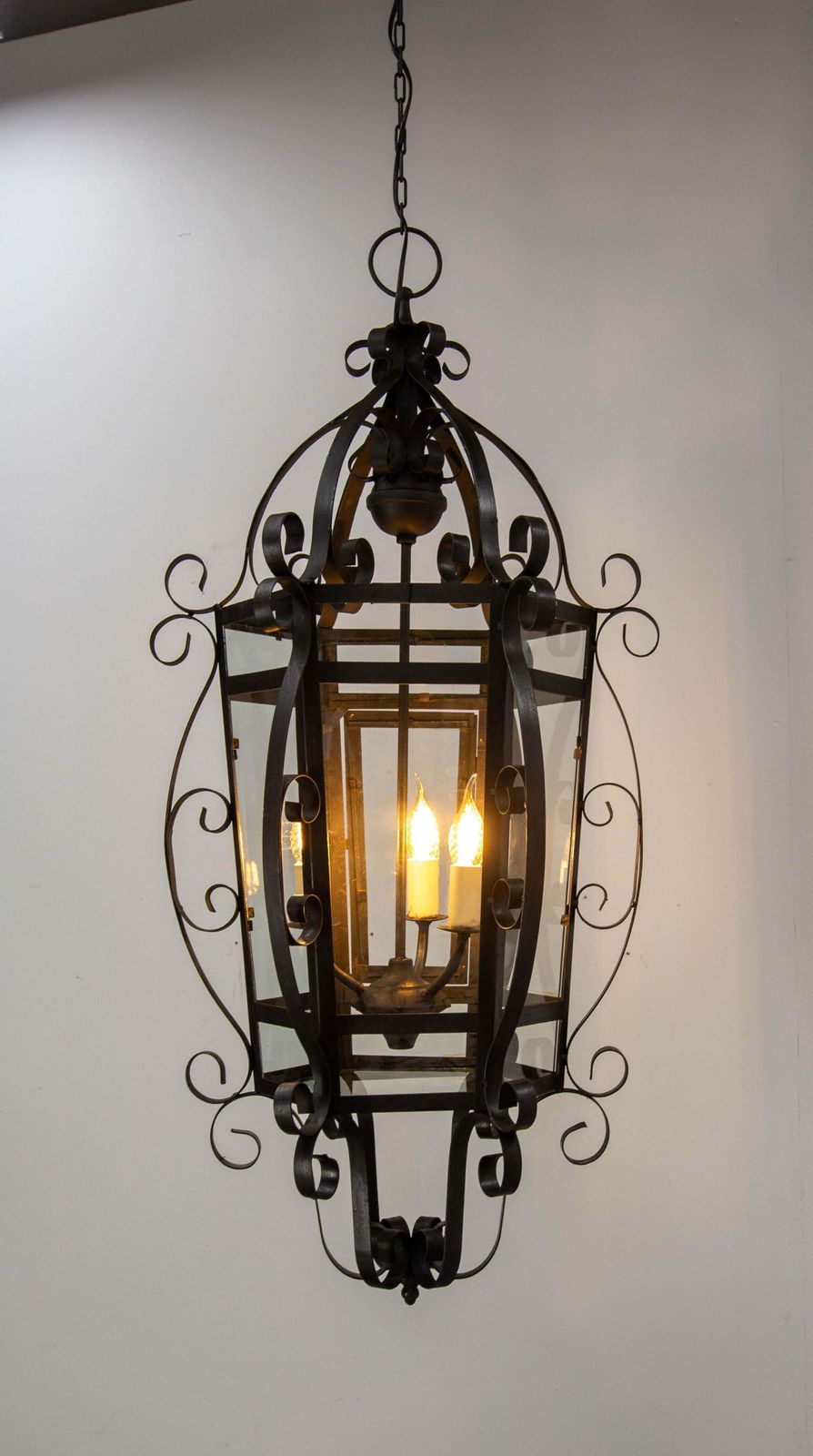 French Ceiling Lamp Wrought Iron And Glass Pendant Lustre, Circa 1960 photo 1568.0