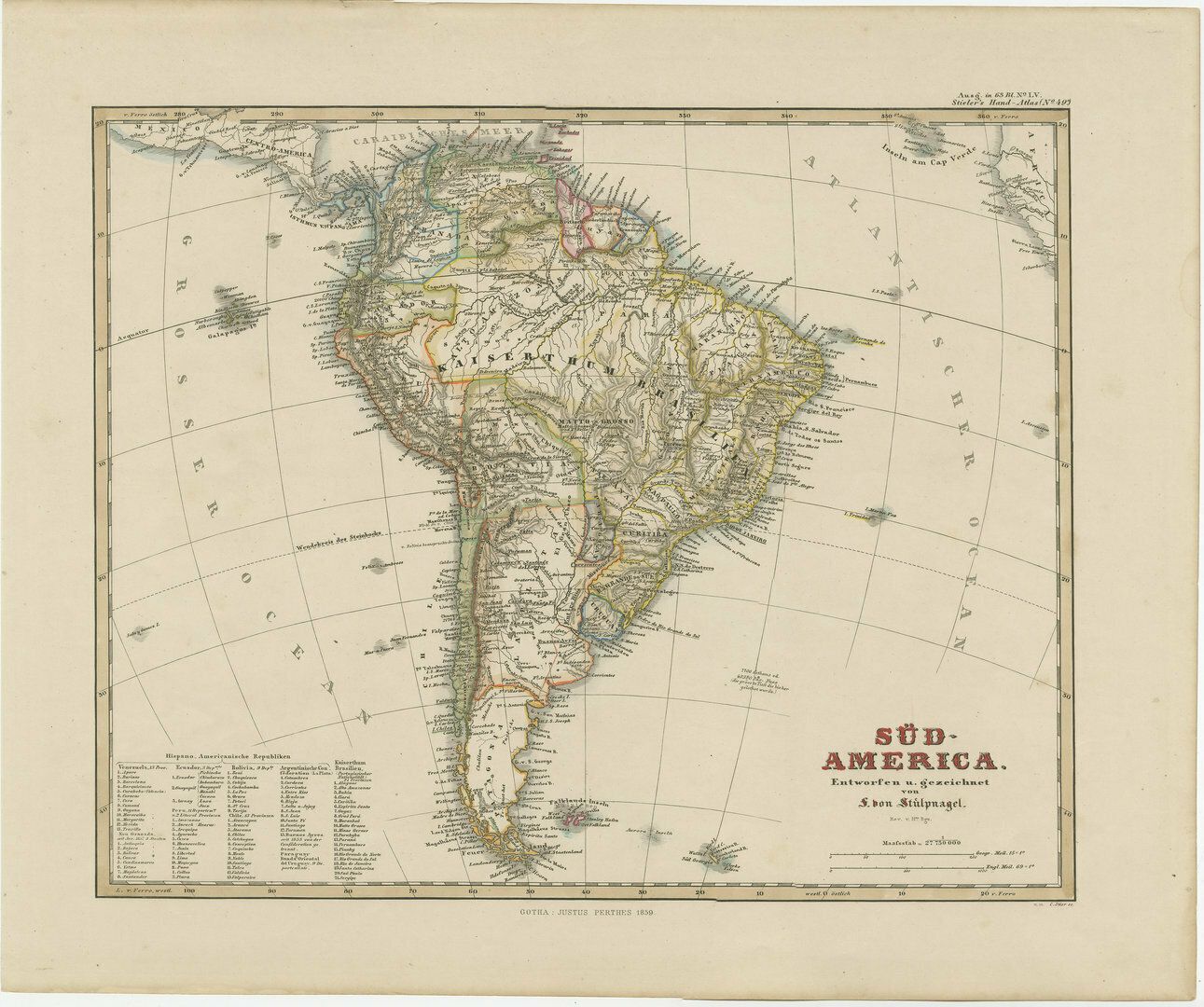 Antique Map Of South America With Many Details