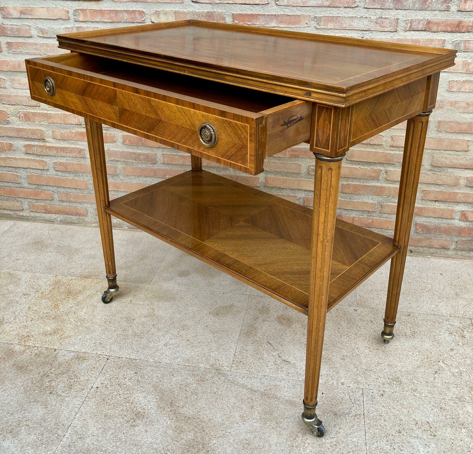 photo furniture Neoclassic French Marquetry Side Table With One Drawer And Wheels 1940s