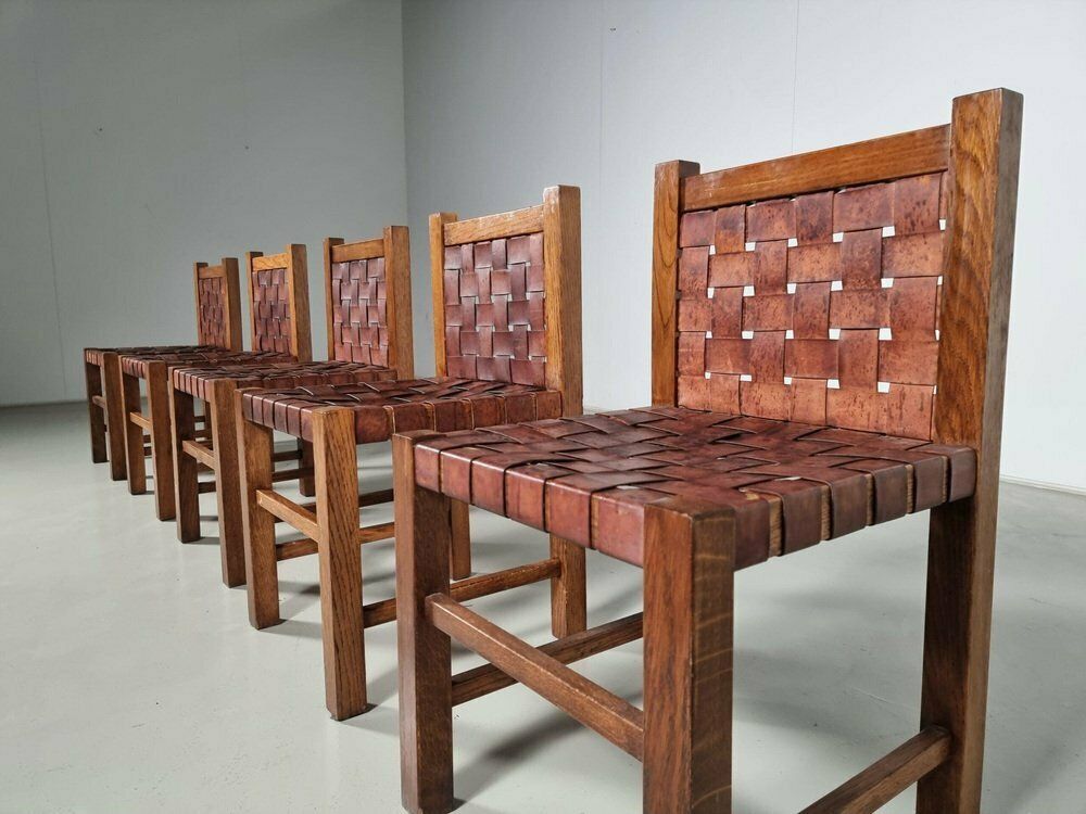 Oak Brutalist Dining Chairs, Belgium, 1970s, Set Of 5 photo for sale