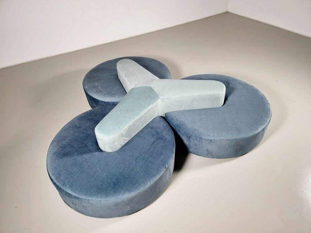 Round Modular Sofa In Blue And Green Fabric Attributed To Seltz Furniture, 1970s, Set Of 4 photo for sale