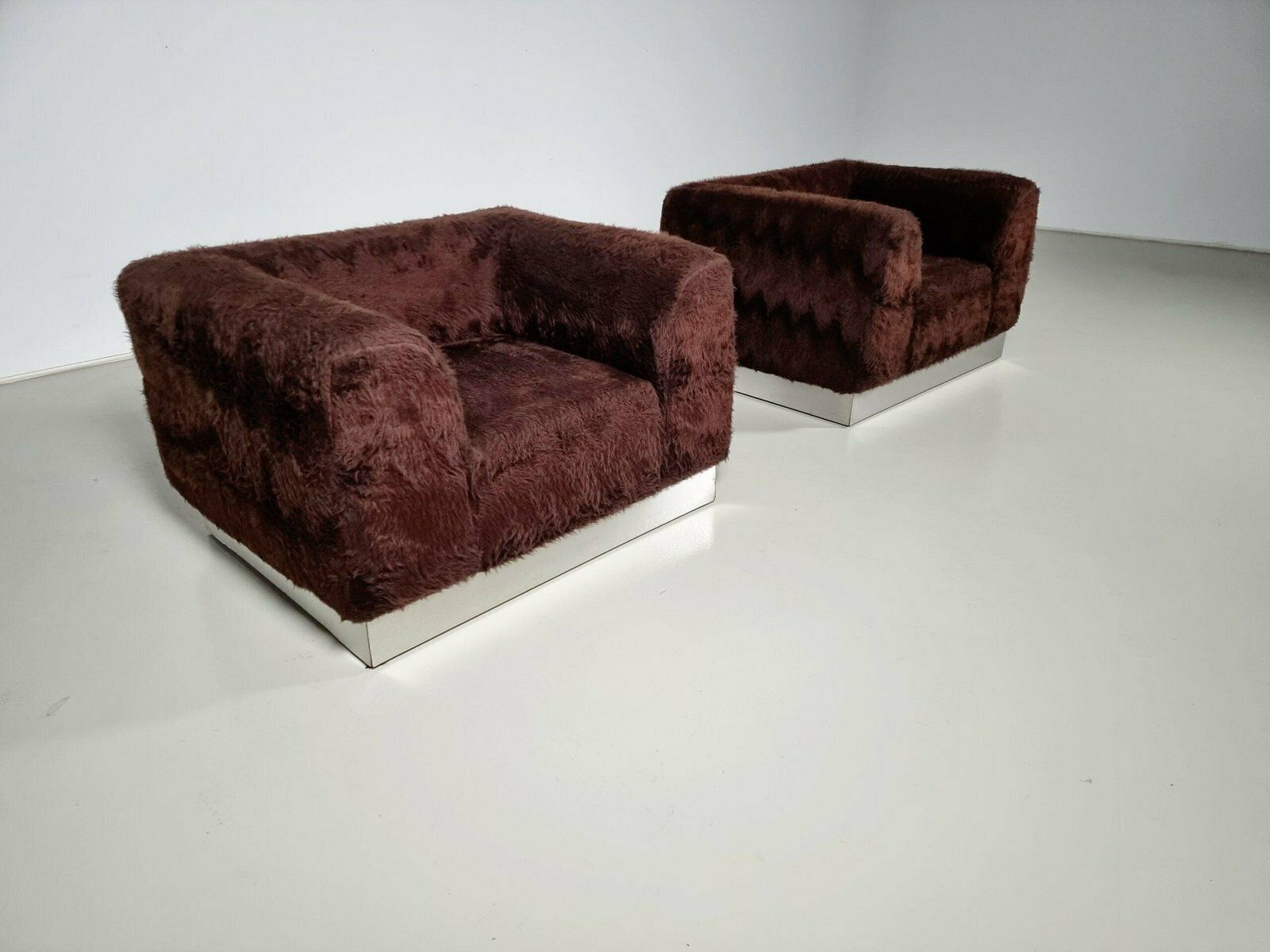 Italian Chrome Plated Lounge Chairs With Faux Fur, 1970, Set Of 2 photo furniture