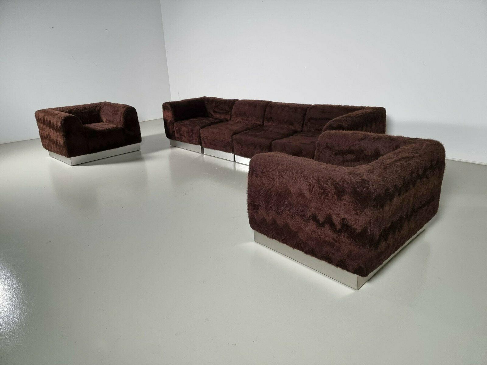 photo for sale Italian Chrome Plated Lounge Chairs With Faux Fur, 1970, Set Of 2