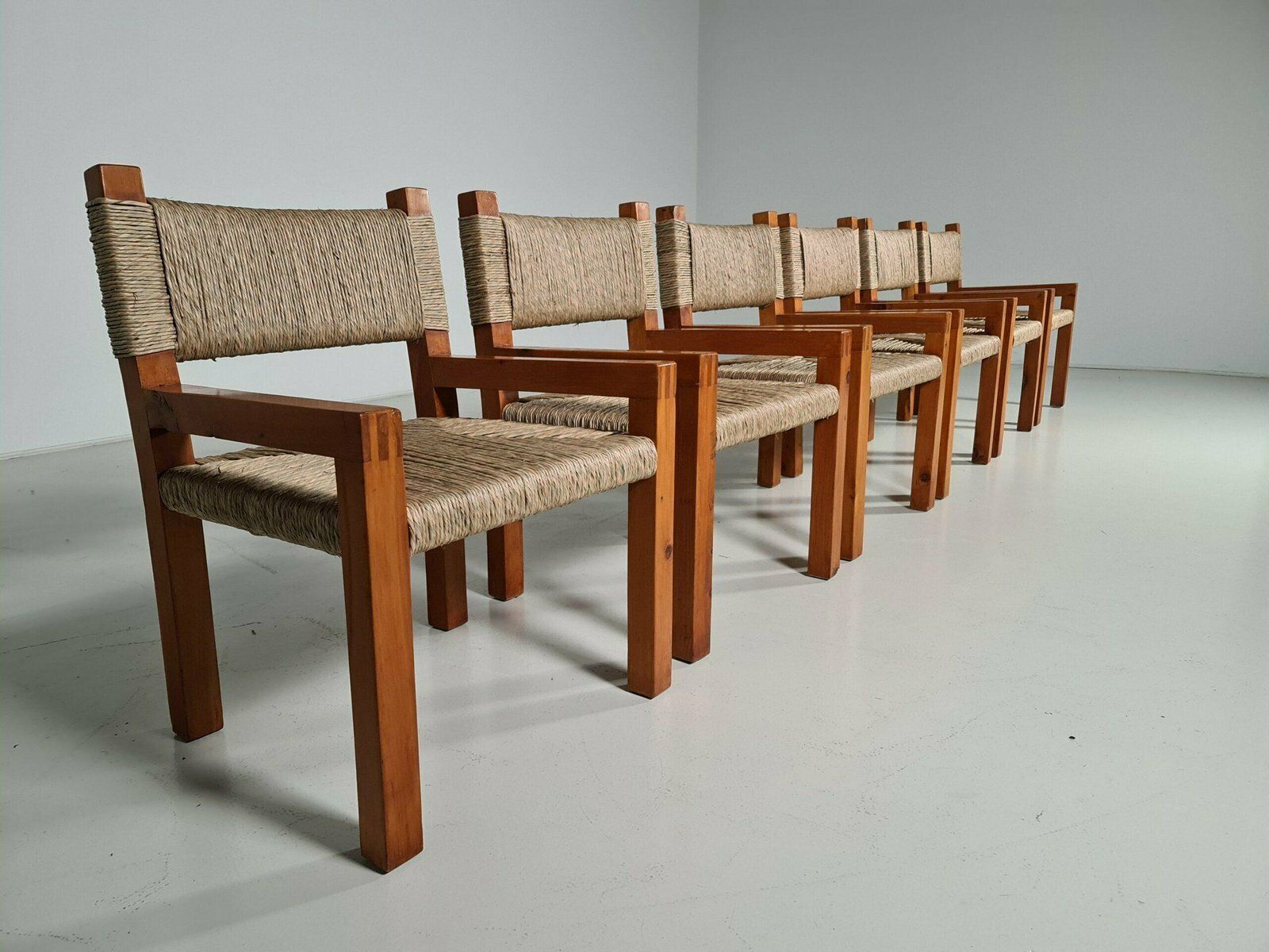 Brutalist Pine Wood Dining Chairs, France, 1960s, Set Of 6 photo 10554.0