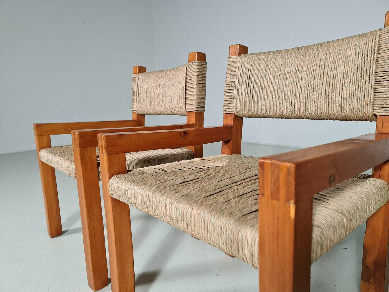 Brutalist Pine Wood Dining Chairs, France, 1960s, Set Of 6 photo buy