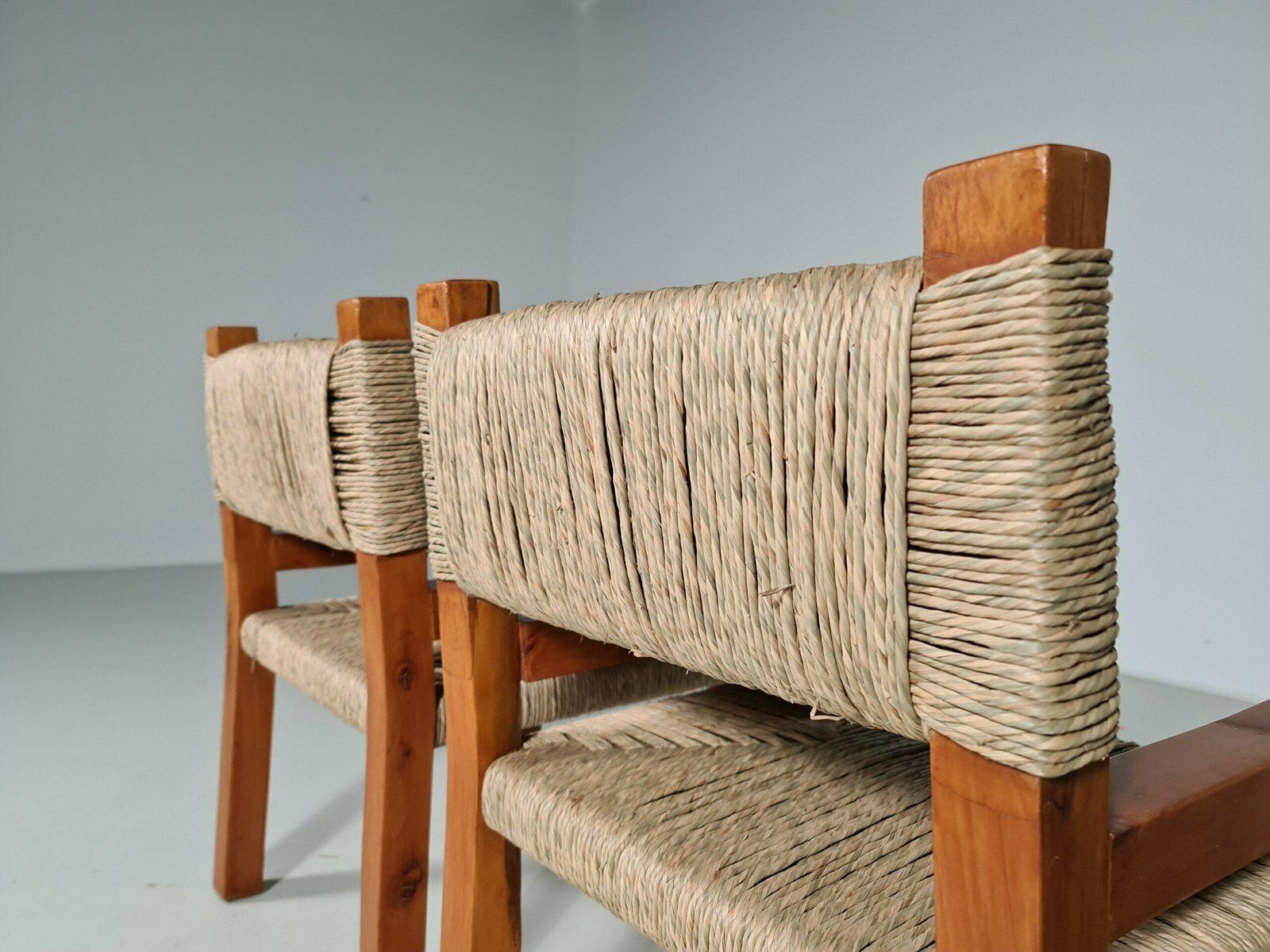 photo for sale Brutalist Pine Wood Dining Chairs, France, 1960s, Set Of 6