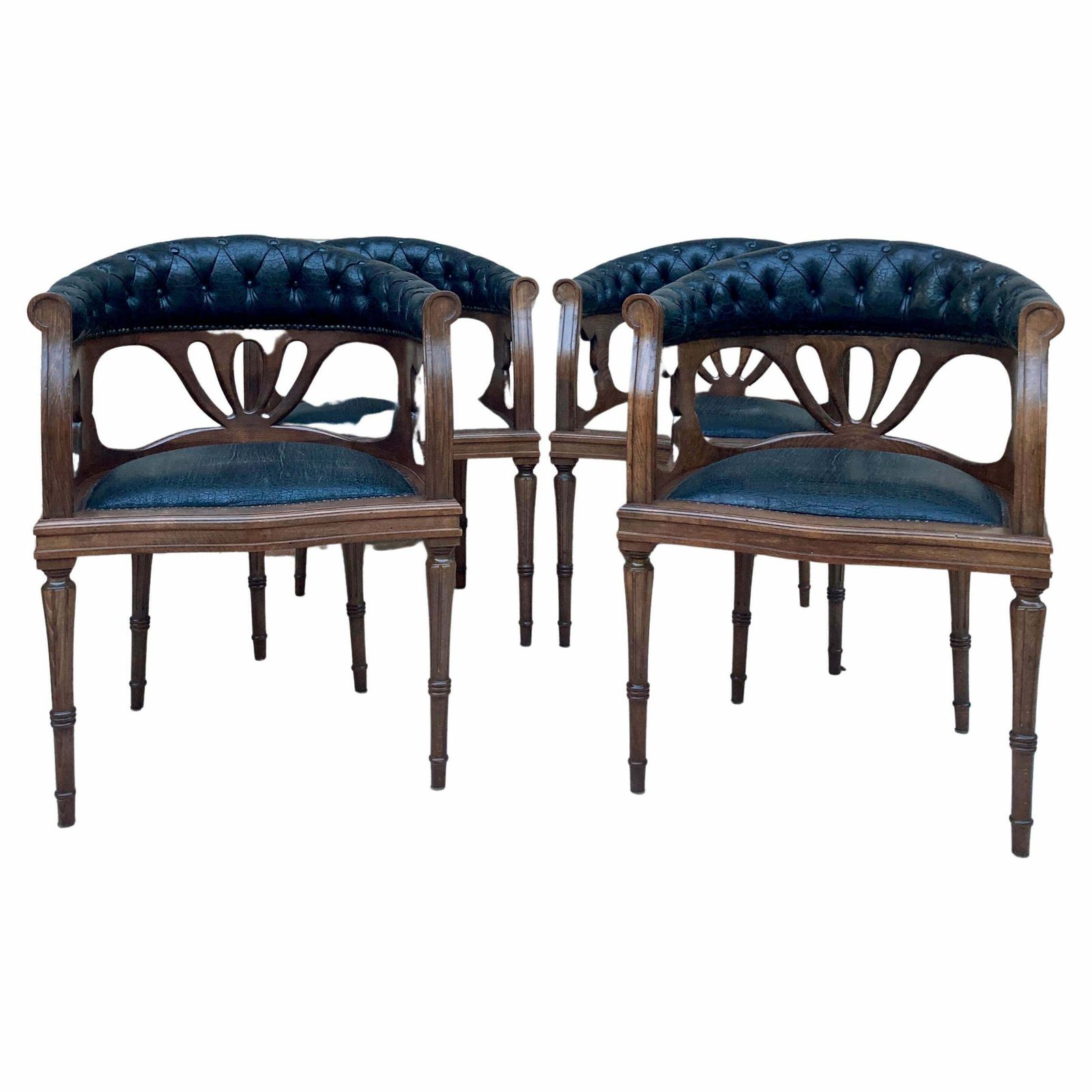Fauteuils de salle à manger français en cuir et noyer, années 1950, lot de 4