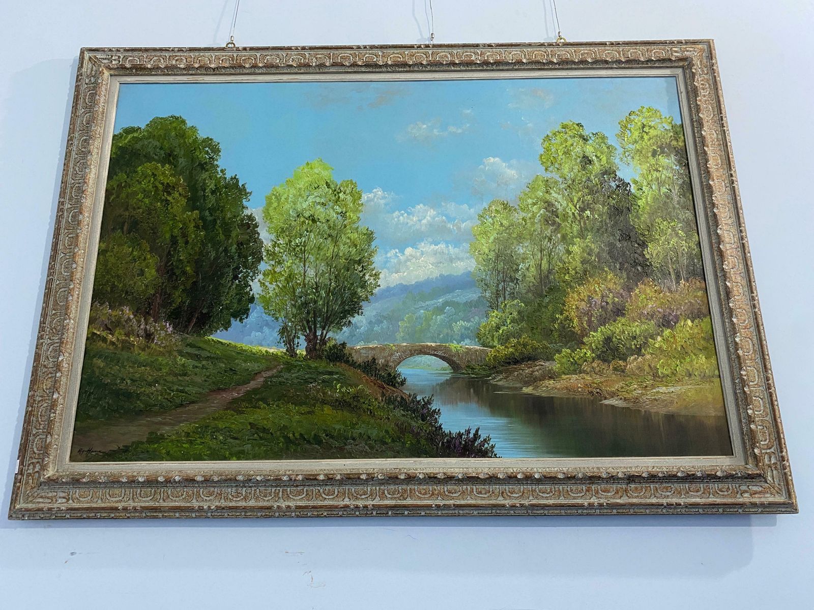 Oil Painting "Landscape With Bridge" Signed, France 1960 photo for sale