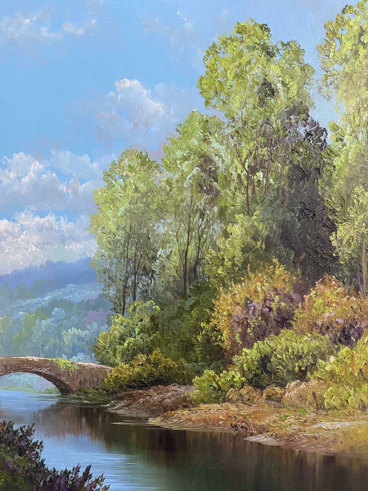 Oil Painting "Landscape With Bridge" Signed, France 1960 photo vintage
