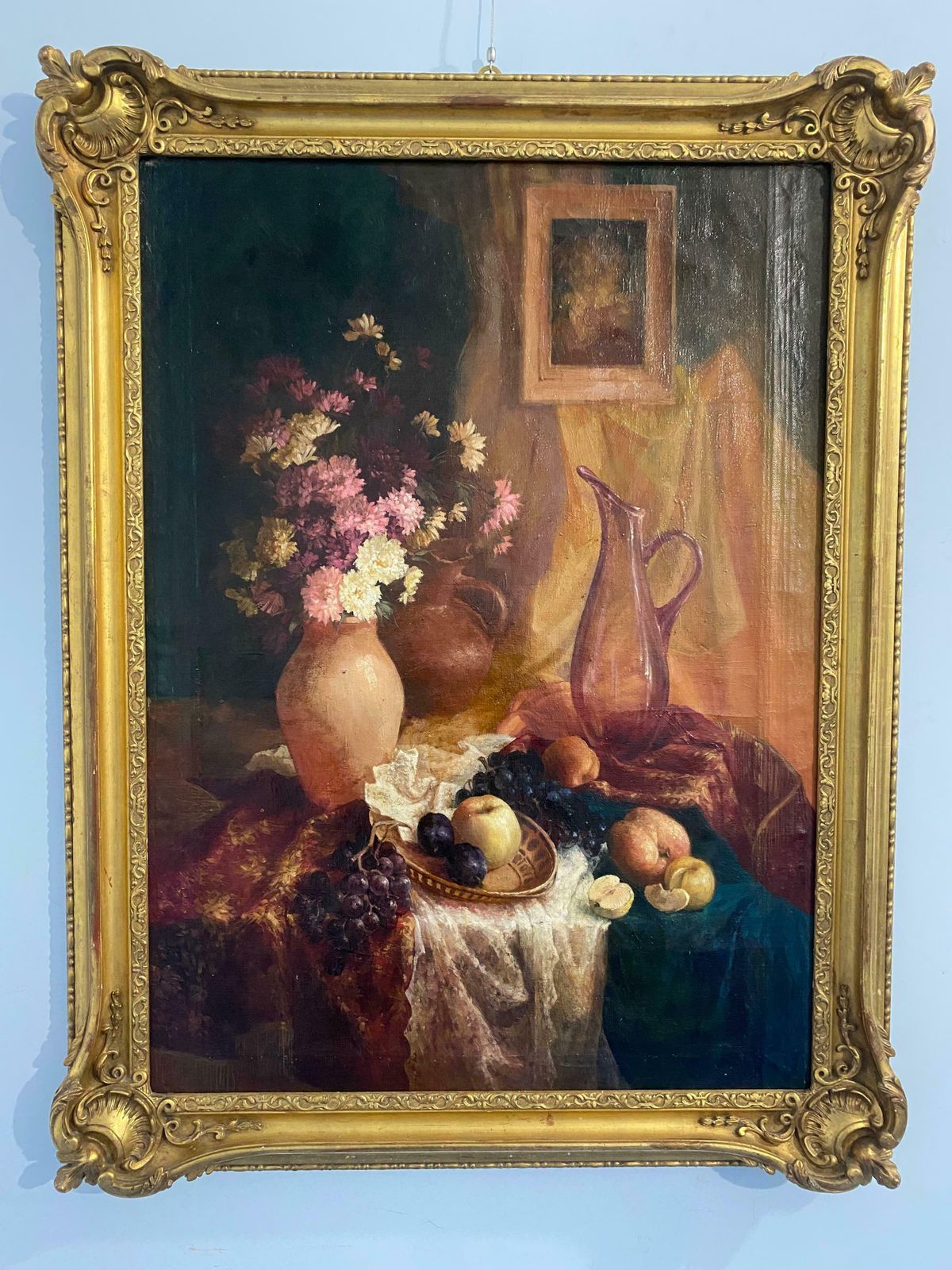 Antique Oil Painting "Still Life," Signed, France, Early 1900s photo furniture