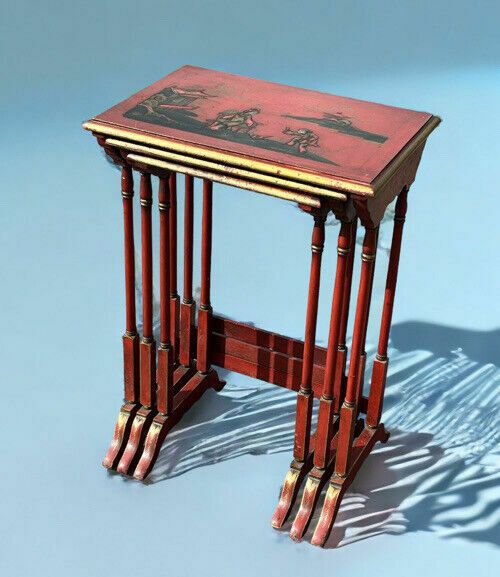 Edwardian Red Lacquered & Japanned Nest Of 3 Tables
