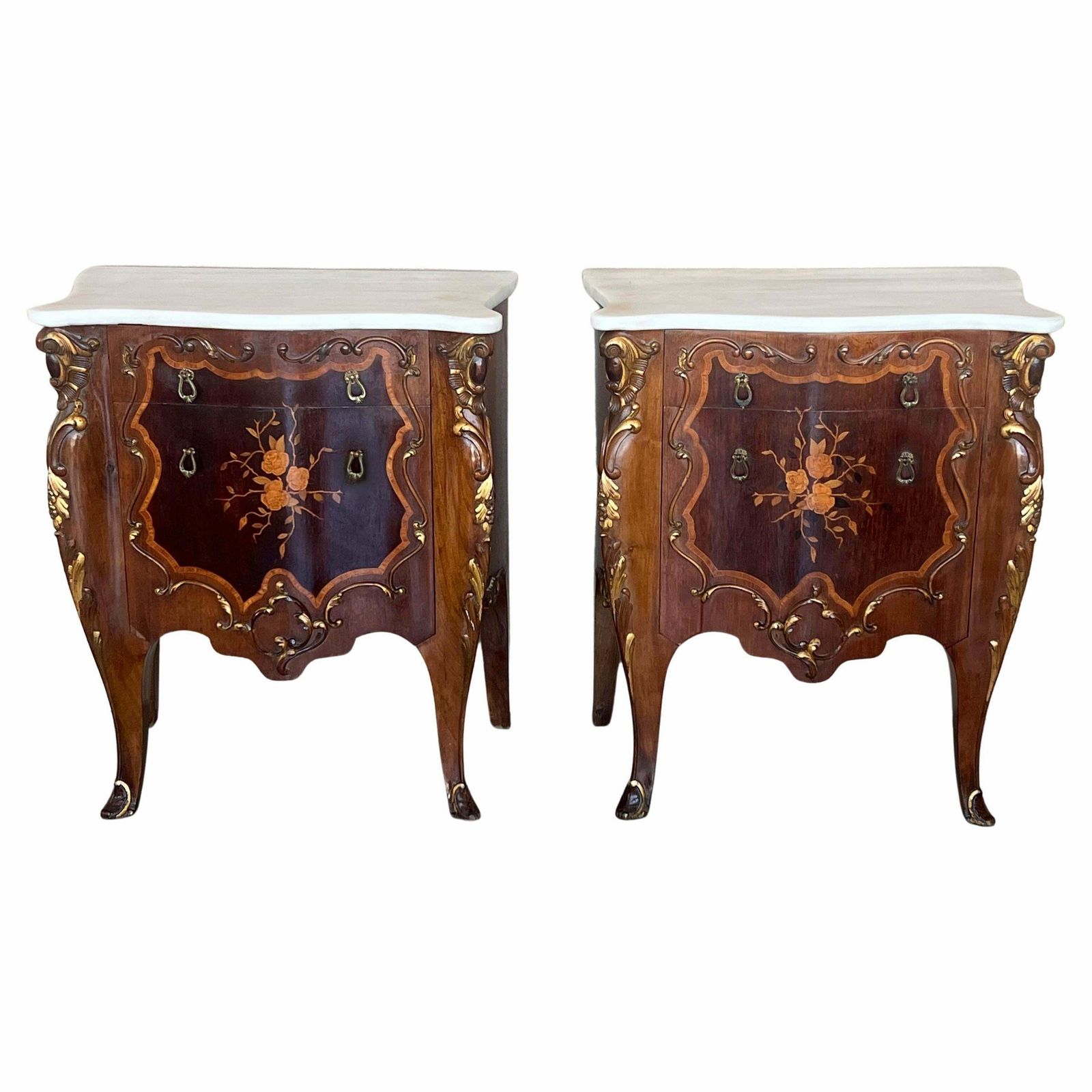 Tables de chevet ou tables d'appoint Louis XV en marqueterie, plateau en marbre