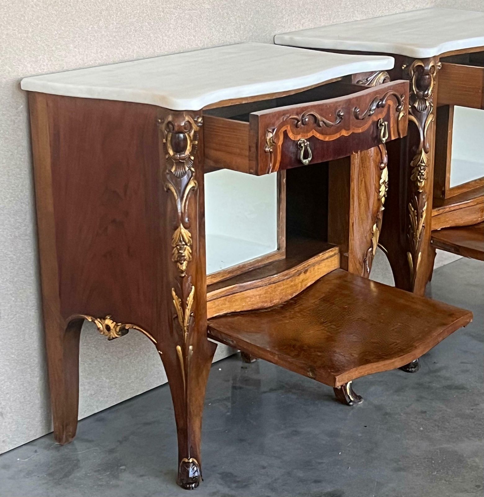 French Louis XV Marquetry Marble Top Nightstand Or Side Tables photo vinterior