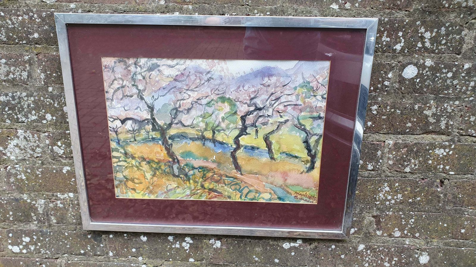 Vintage Abstract Original Watercolour Outback Trees And Creek Mavis Wilson Australia.