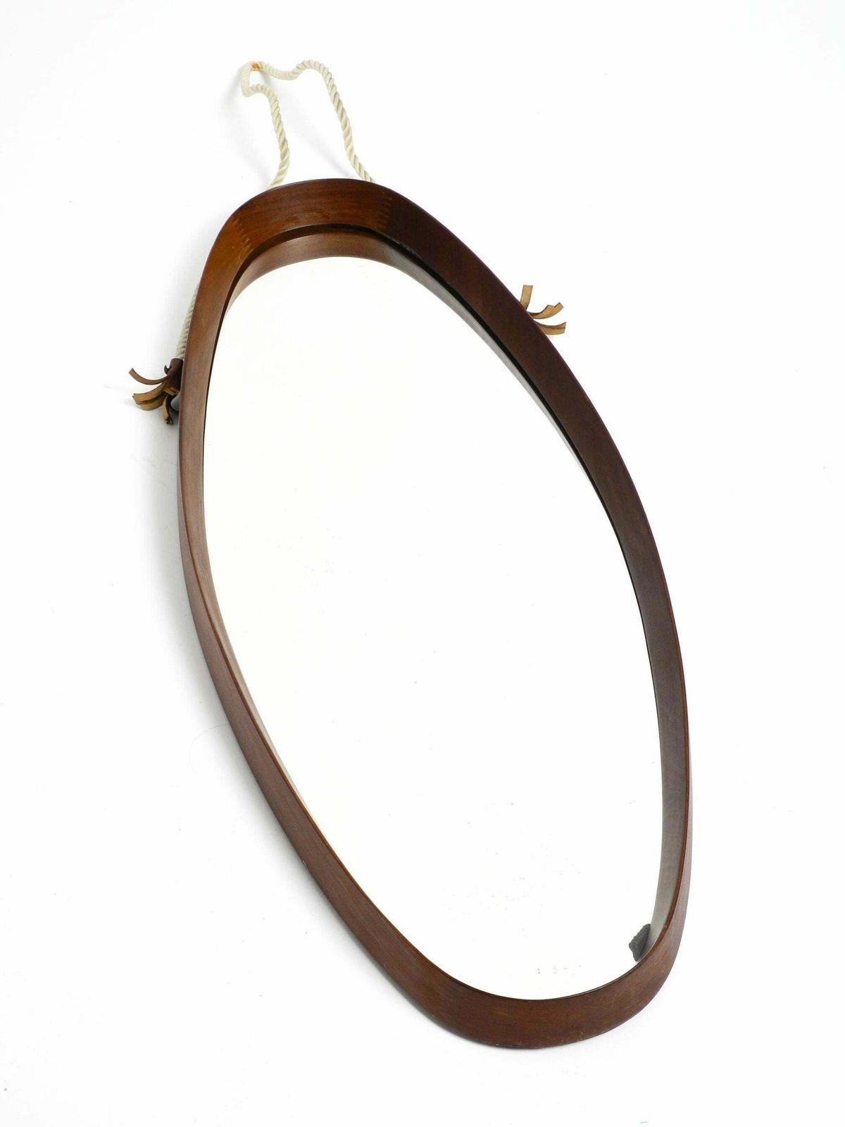1960s Oval Large Teak Wall Mirror With Thick Nylon Rope Made In Italy photo furniture
