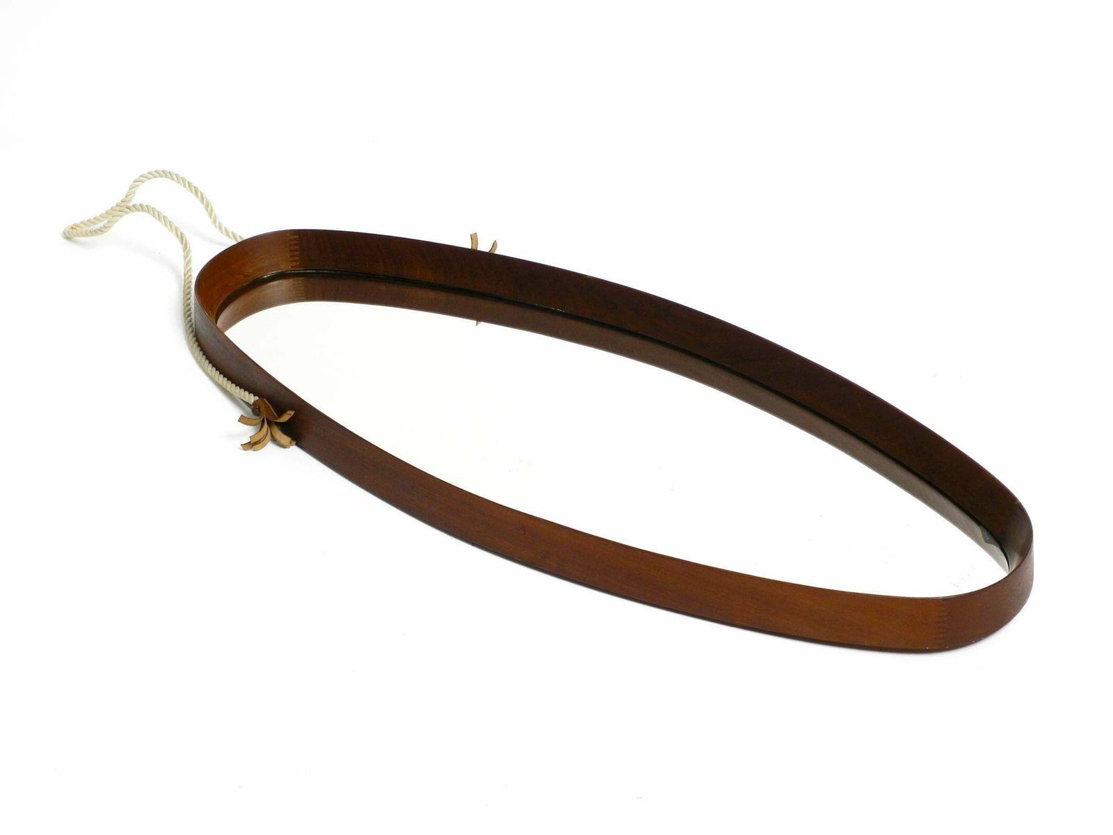 1960s Oval Large Teak Wall Mirror With Thick Nylon Rope Made In Italy photo Home Decor