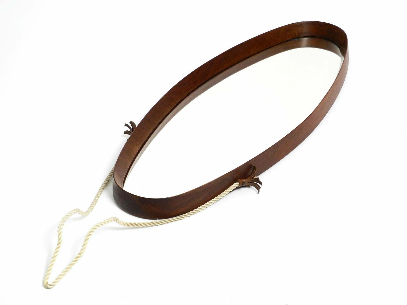 1960s Oval Large Teak Wall Mirror With Thick Nylon Rope Made In Italy photo 757.0
